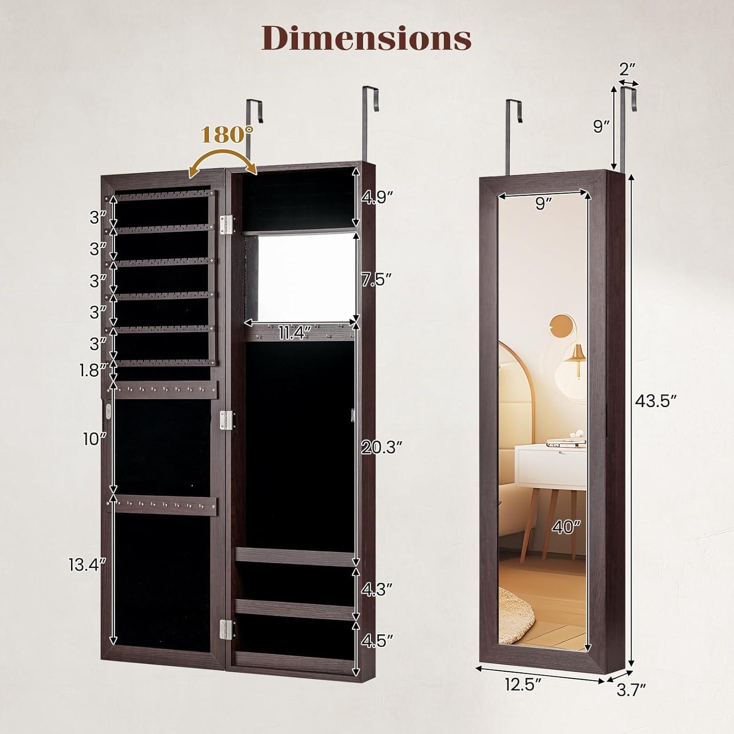 image:imageGiantex Wall Mounted Jewelry Cabinet with Full Length Mirror Over The Door Jewelry Armoire Organizer with Large Storage Makeup Mirror amp Velvet Lining BrownBrown