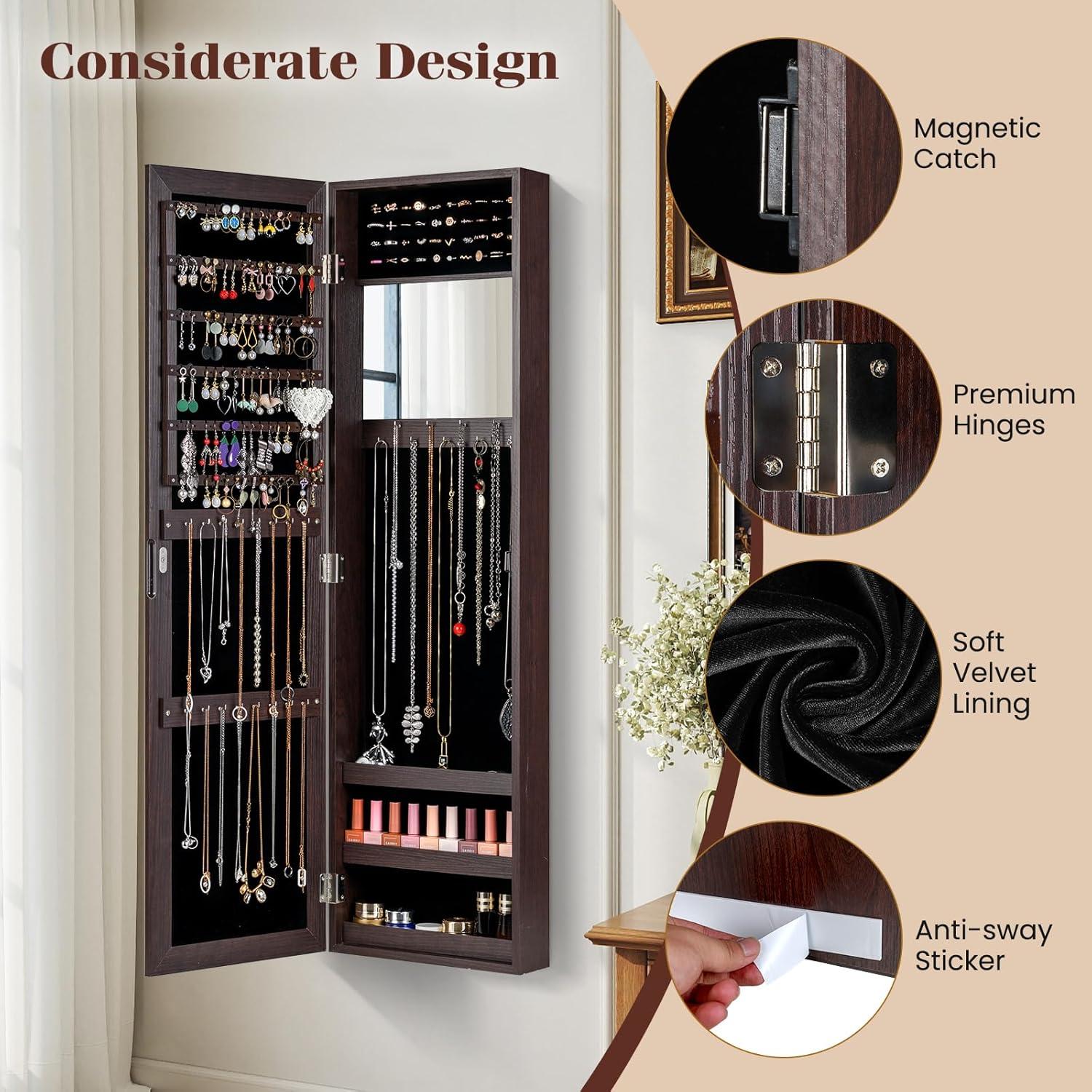 image:imageGiantex Wall Mounted Jewelry Cabinet with Full Length Mirror Over The Door Jewelry Armoire Organizer with Large Storage Makeup Mirror amp Velvet Lining BrownBrown