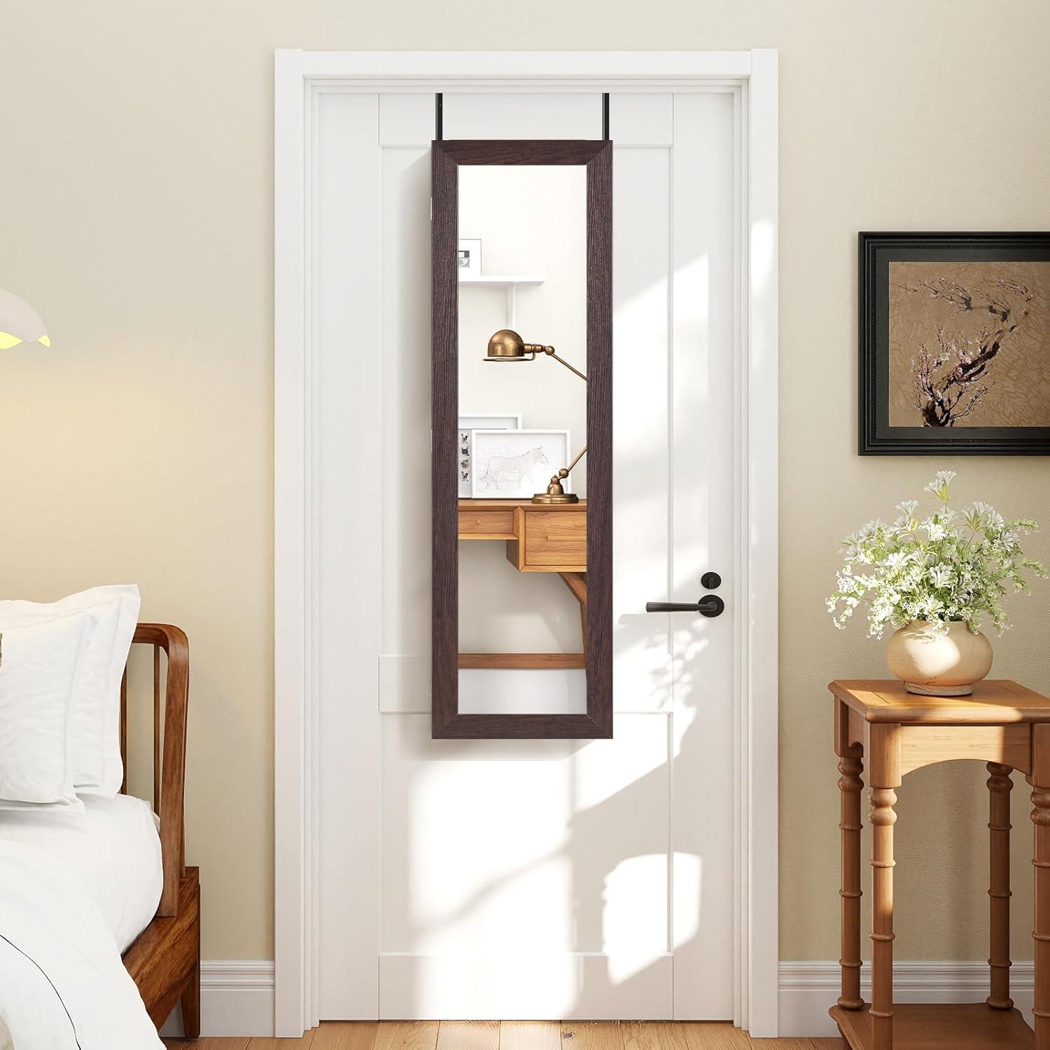 image:imageGiantex Wall Mounted Jewelry Cabinet with Full Length Mirror Over The Door Jewelry Armoire Organizer with Large Storage Makeup Mirror amp Velvet Lining BrownBrown