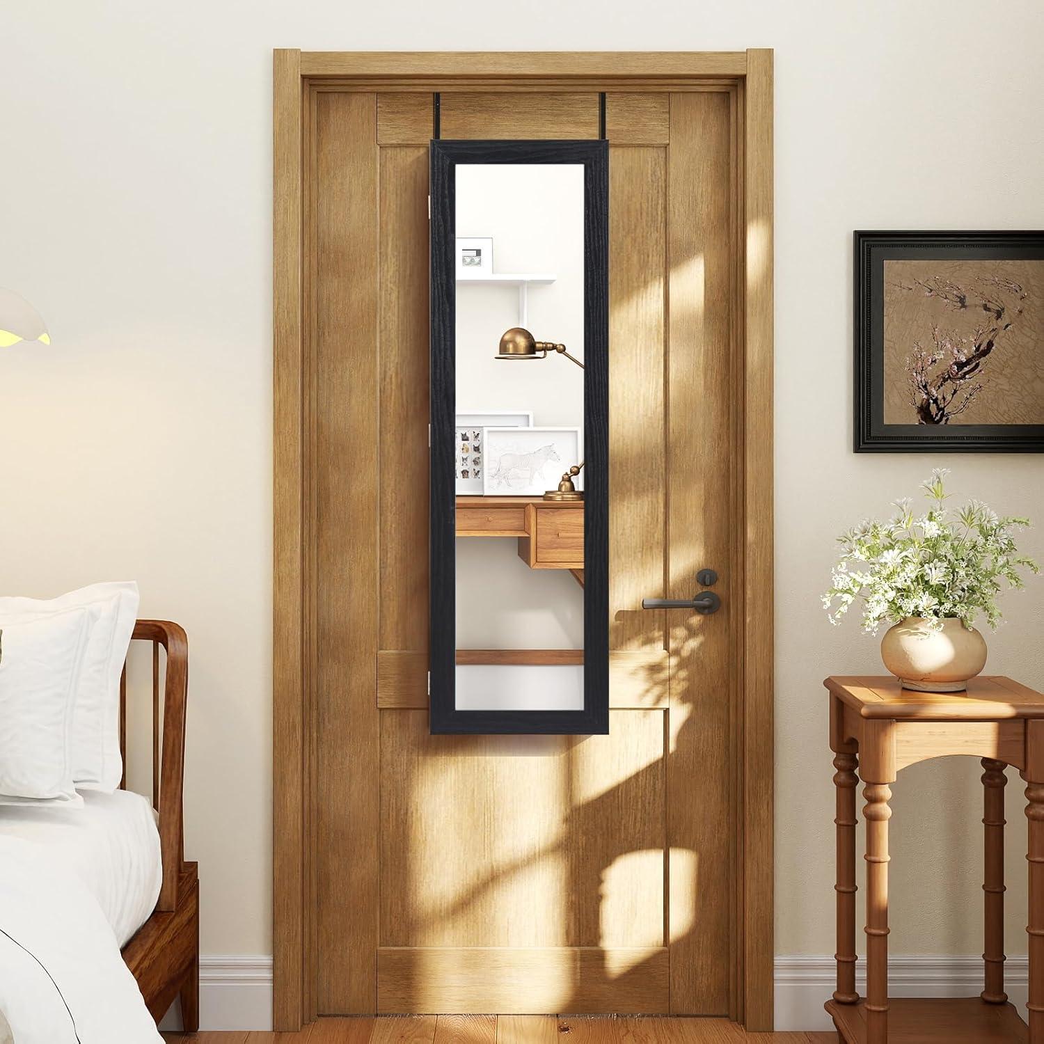 image:imageGiantex Wall Mounted Jewelry Cabinet with Full Length Mirror Over The Door Jewelry Armoire Organizer with Large Storage Makeup Mirror amp Velvet Lining BrownBlack