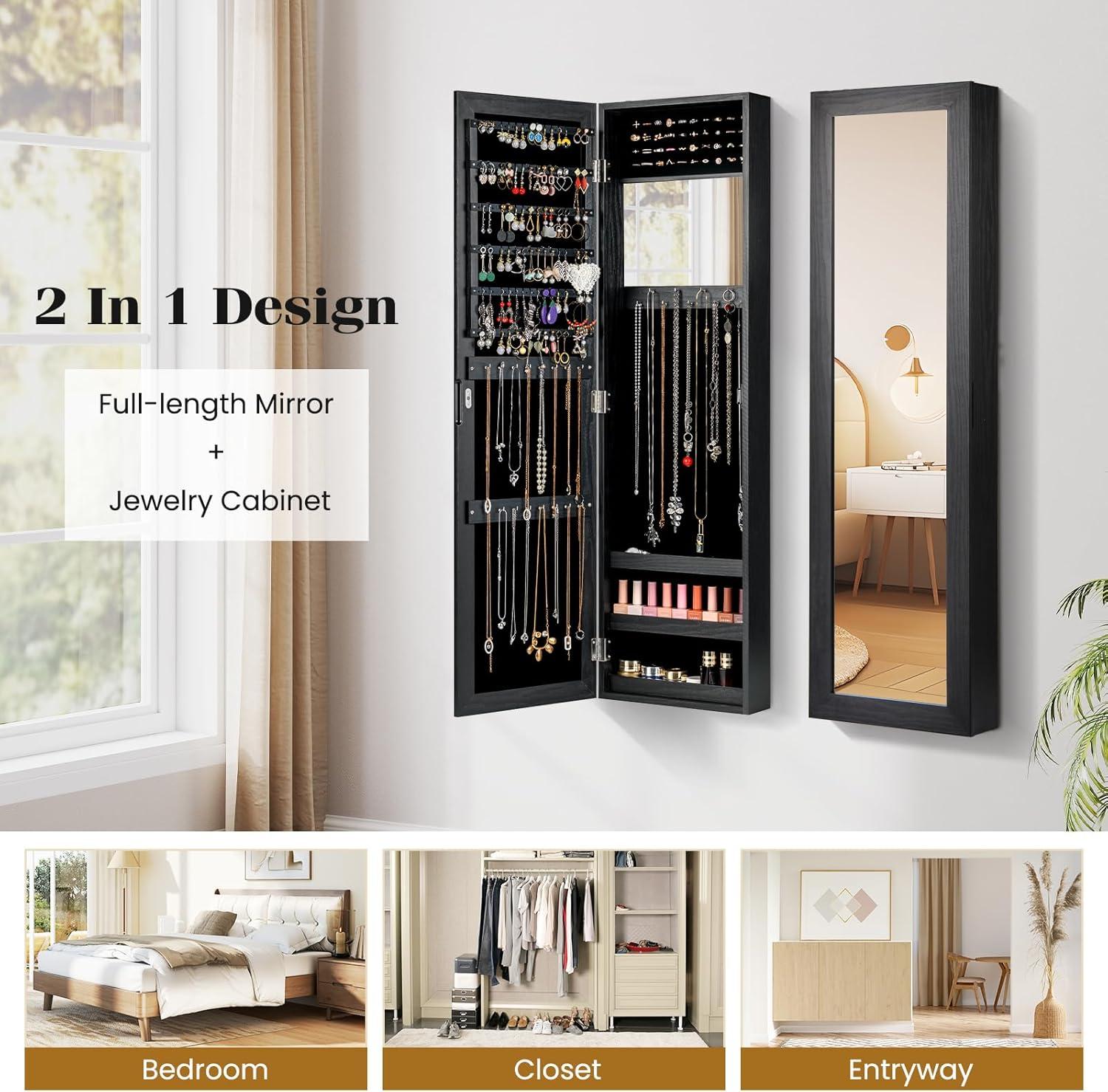 image:imageGiantex Wall Mounted Jewelry Cabinet with Full Length Mirror Over The Door Jewelry Armoire Organizer with Large Storage Makeup Mirror amp Velvet Lining BrownBlack