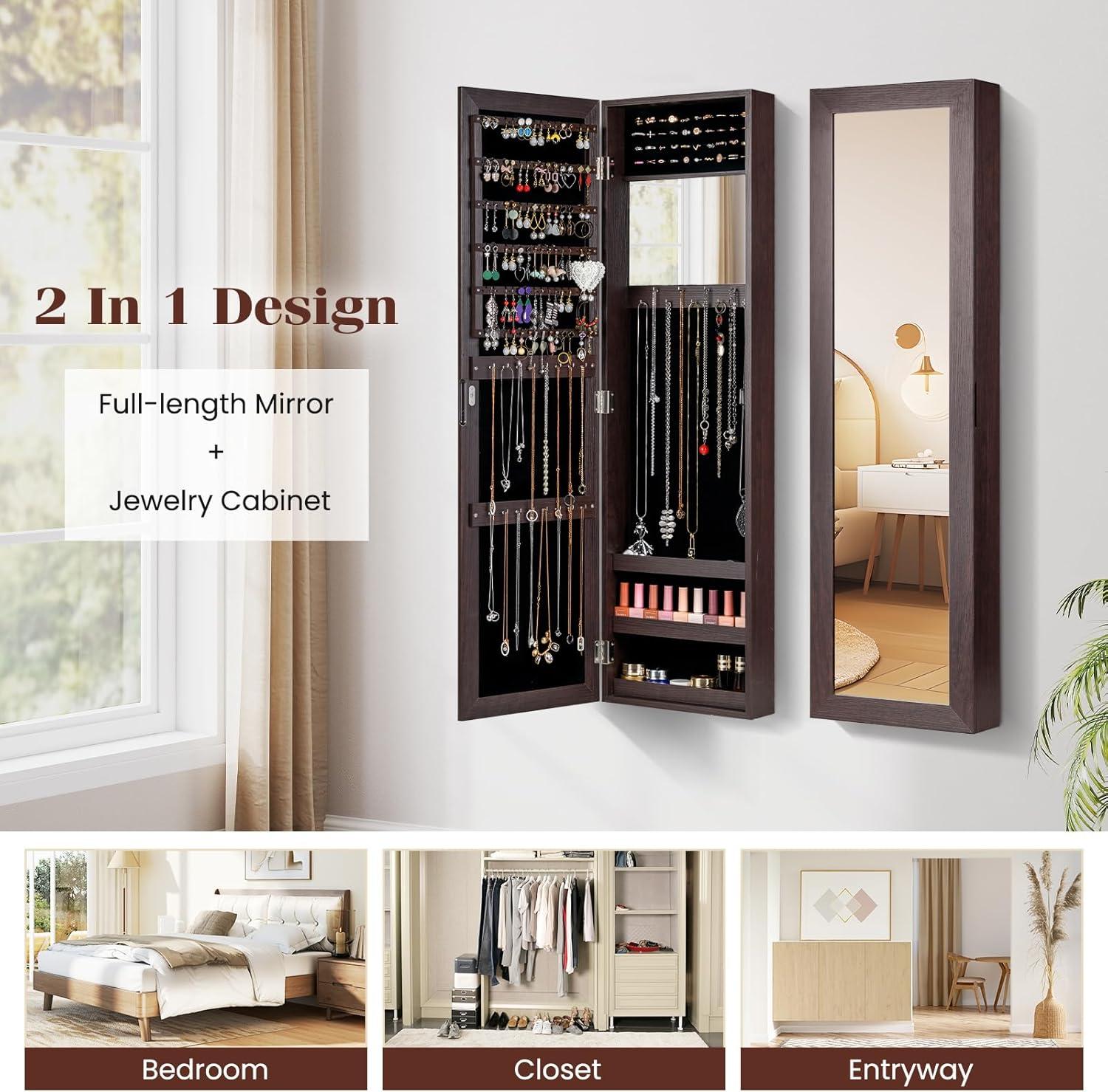 image:imageGiantex Wall Mounted Jewelry Cabinet with Full Length Mirror Over The Door Jewelry Armoire Organizer with Large Storage Makeup Mirror amp Velvet Lining BrownBrown