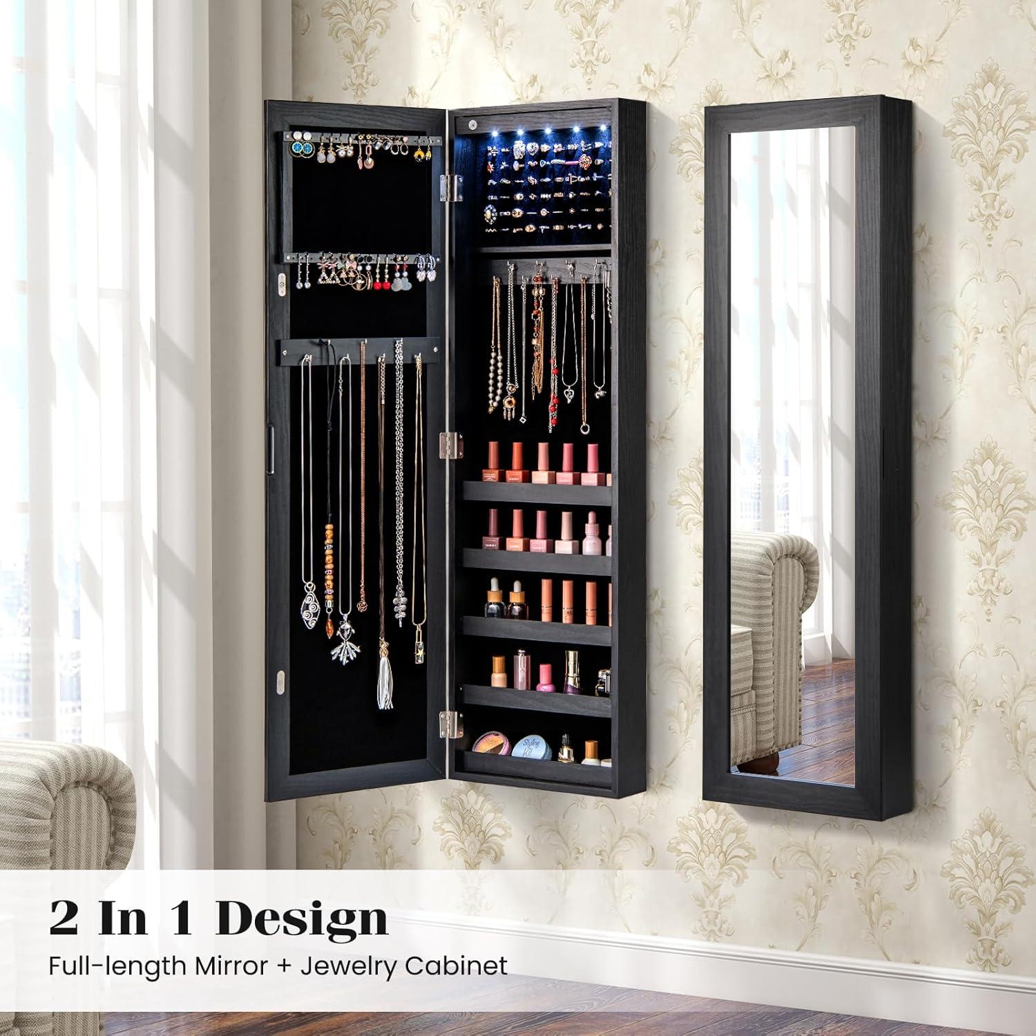 image:imageGiantex Wall or Door Mounted Jewelry Cabinet with Full Length Mirror Over The Door Jewelry Armoire Organizer Hanging Storage Cabinet with Necklace Hooks Earring Slots Ring Slots amp Shelves WhiteBlack