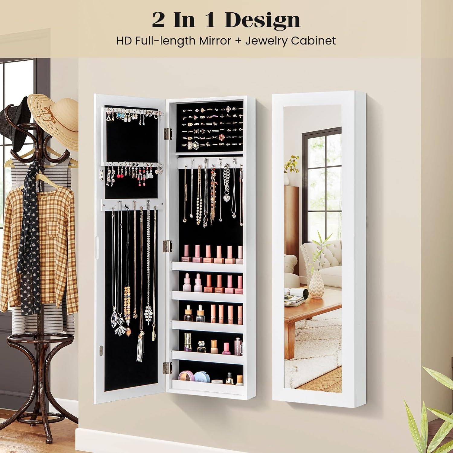 image:imageGiantex Wall or Door Mounted Jewelry Cabinet with Full Length Mirror Over The Door Jewelry Armoire Organizer Hanging Storage Cabinet with Necklace Hooks Earring Slots Ring Slots amp Shelves WhiteWhite