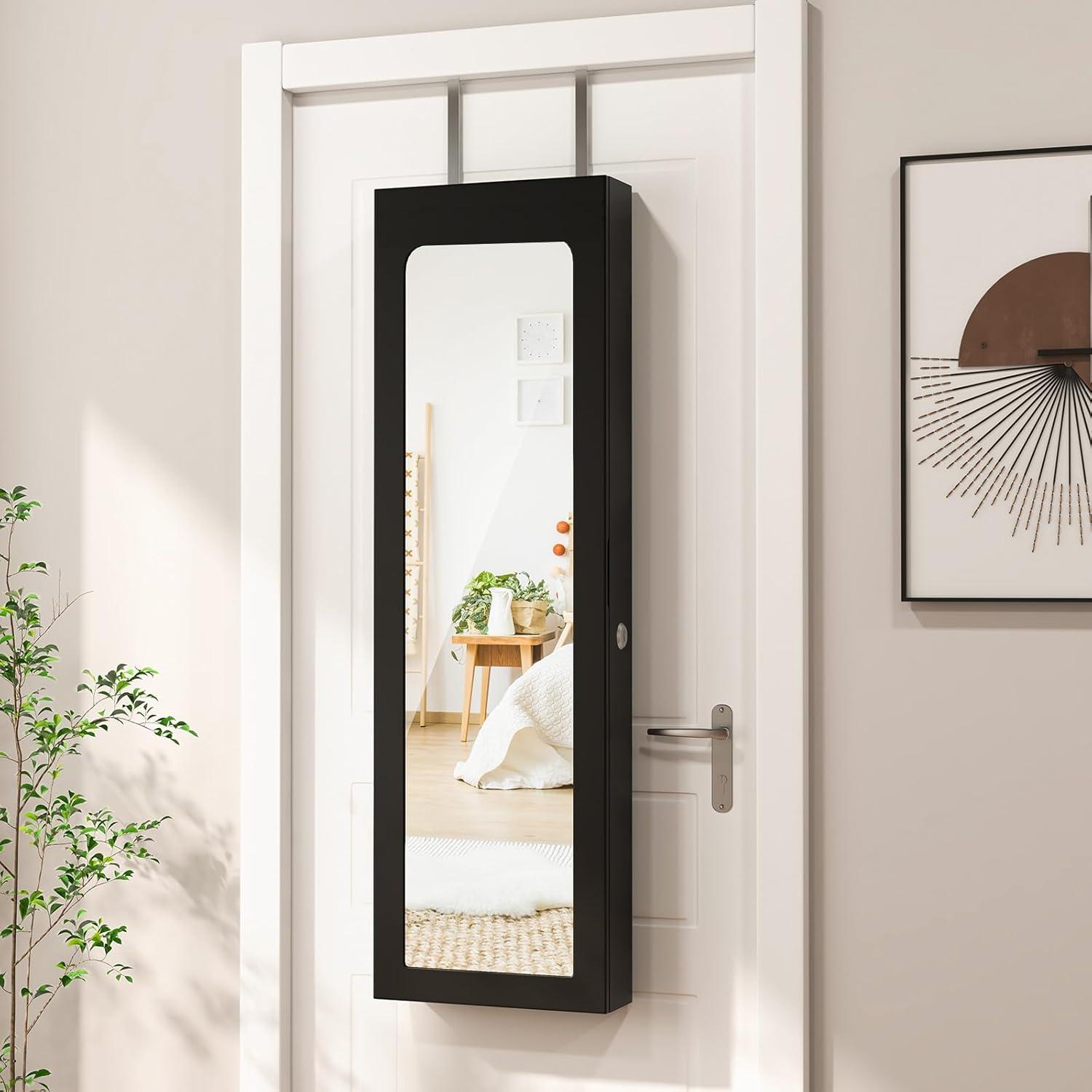 image:imageGiantex Wall or Door Mounted Jewelry Cabinet with Full Length Mirror Over The Door Jewelry Armoire Organizer Hanging Storage Cabinet with Necklace Hooks Earring Slots Ring Slots amp Shelves WhiteBlack