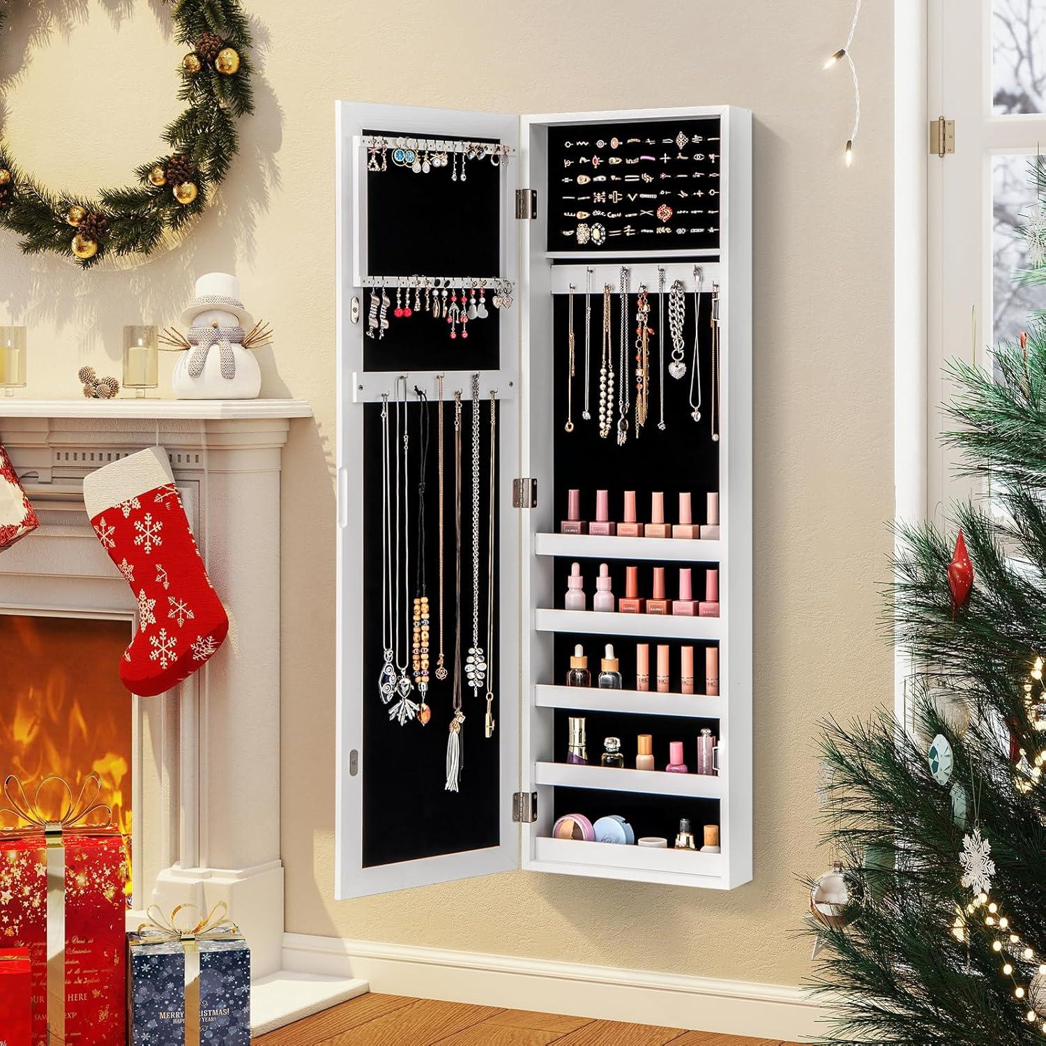image:imageGiantex Wall or Door Mounted Jewelry Cabinet with Full Length Mirror Over The Door Jewelry Armoire Organizer Hanging Storage Cabinet with Necklace Hooks Earring Slots Ring Slots amp Shelves WhiteWhite