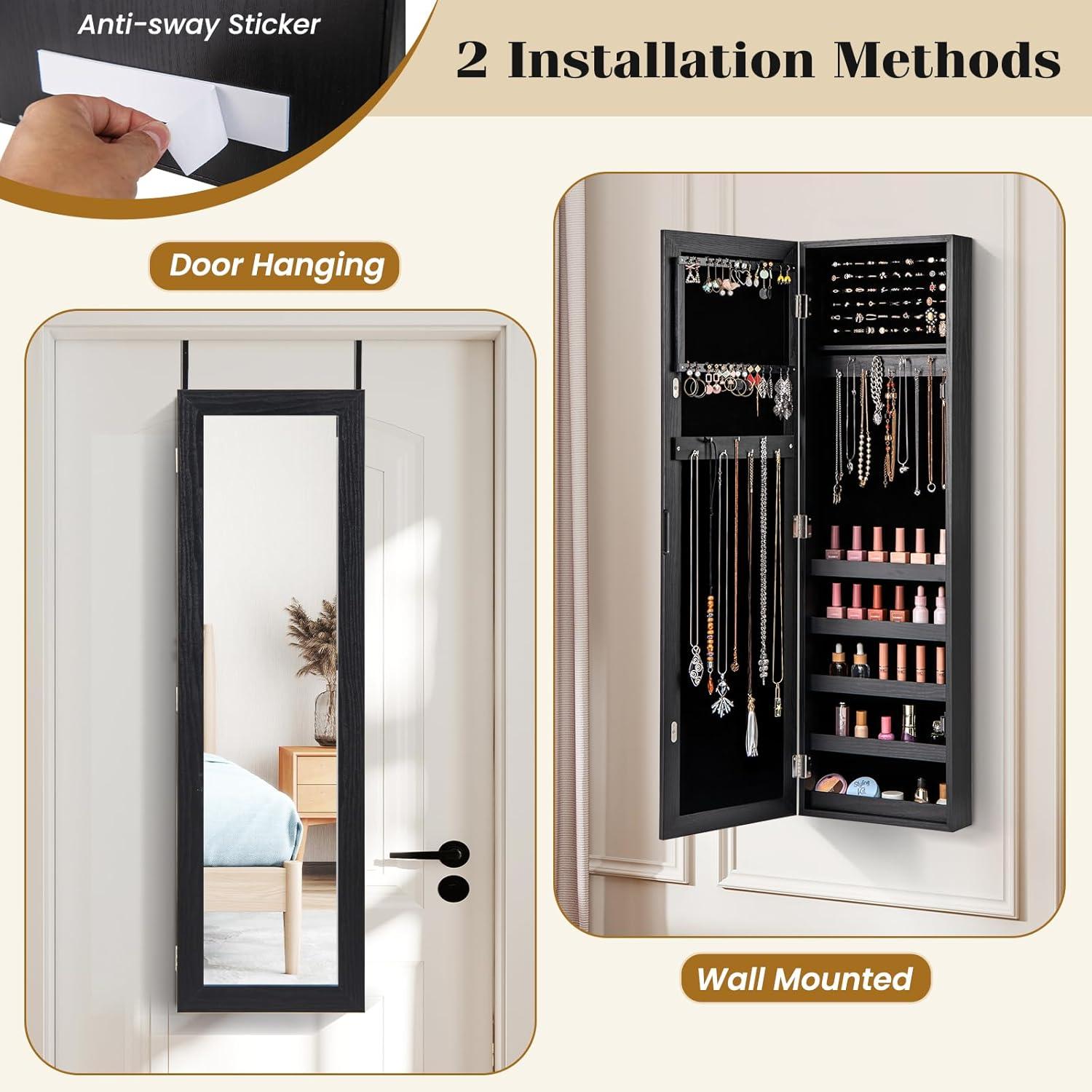image:imageGiantex Wall or Door Mounted Jewelry Cabinet with Full Length Mirror Over The Door Jewelry Armoire Organizer Hanging Storage Cabinet with Necklace Hooks Earring Slots Ring Slots amp Shelves WhiteBlack