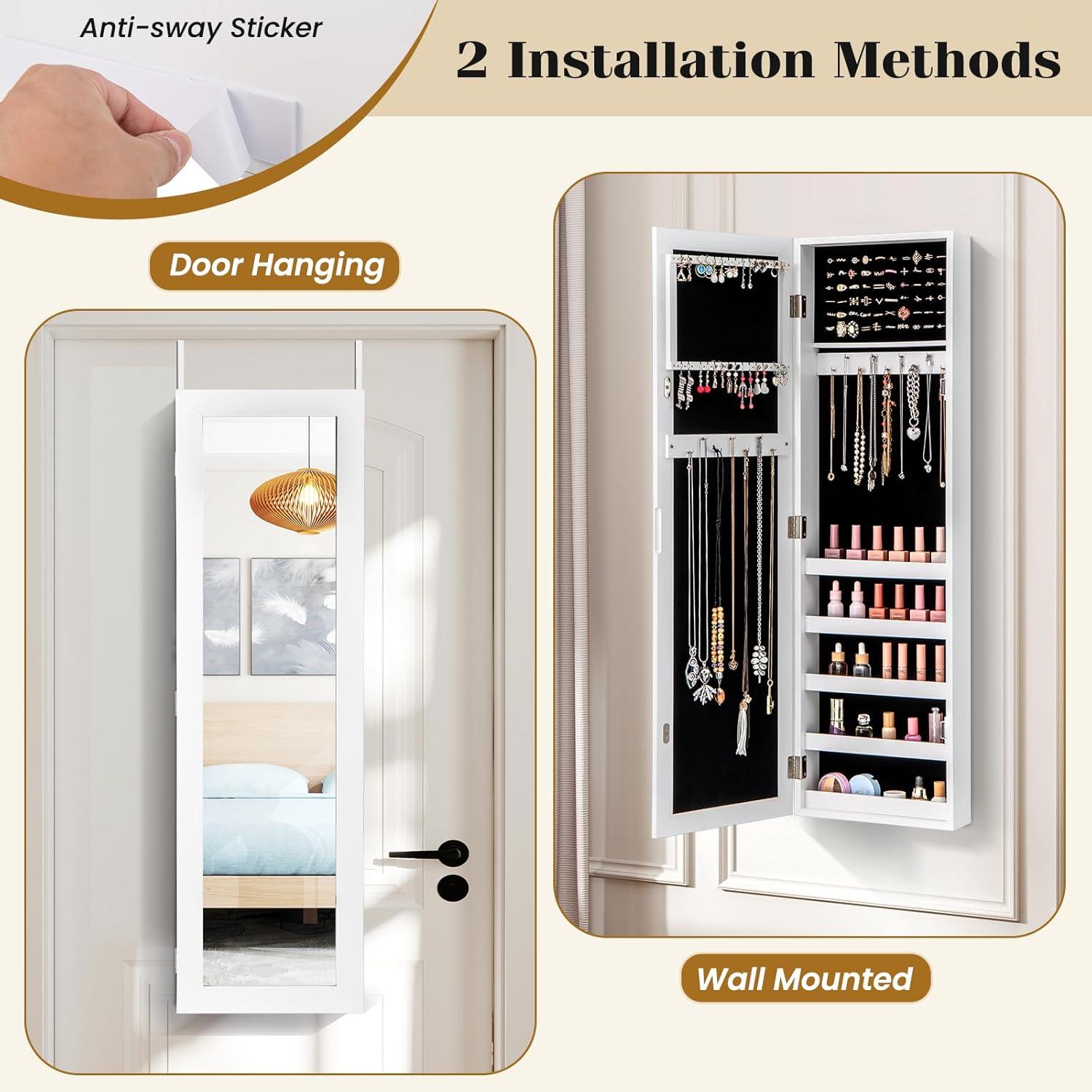 image:imageGiantex Wall or Door Mounted Jewelry Cabinet with Full Length Mirror Over The Door Jewelry Armoire Organizer Hanging Storage Cabinet with Necklace Hooks Earring Slots Ring Slots amp Shelves WhiteWhite