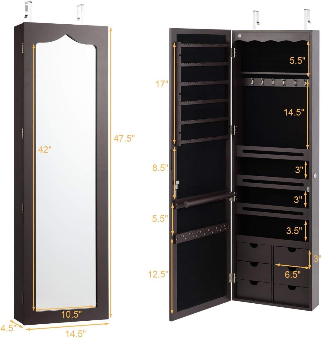 image:imageGiantex Wall or Door Mounted Jewelry Cabinet with Full Length Mirror Over The Door Jewelry Armoire Organizer Hanging Storage Cabinet with Necklace Hooks Earring Slots Ring Slots amp Shelves WhiteEspresso