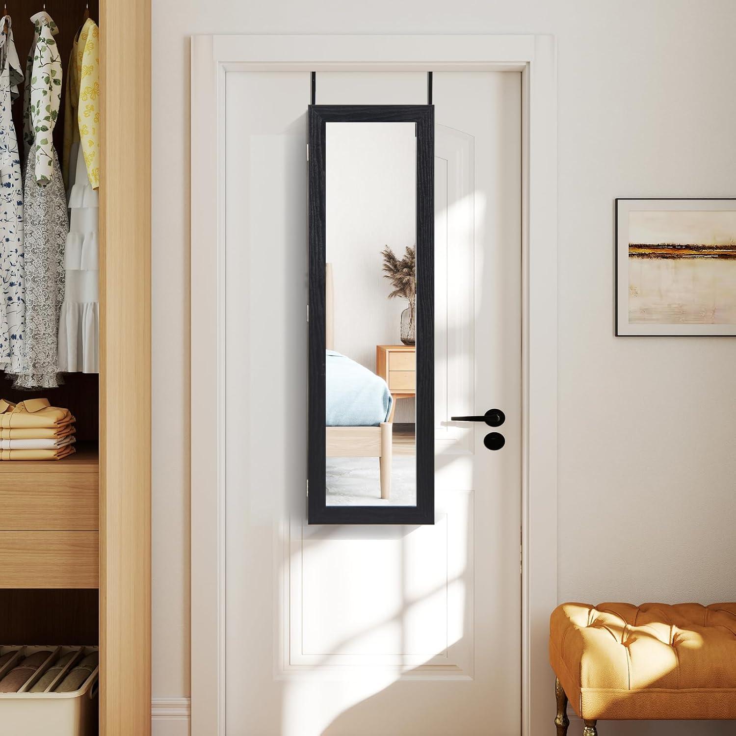 image:imageGiantex Wall or Door Mounted Jewelry Cabinet with Full Length Mirror Over The Door Jewelry Armoire Organizer Hanging Storage Cabinet with Necklace Hooks Earring Slots Ring Slots amp Shelves WhiteBlack