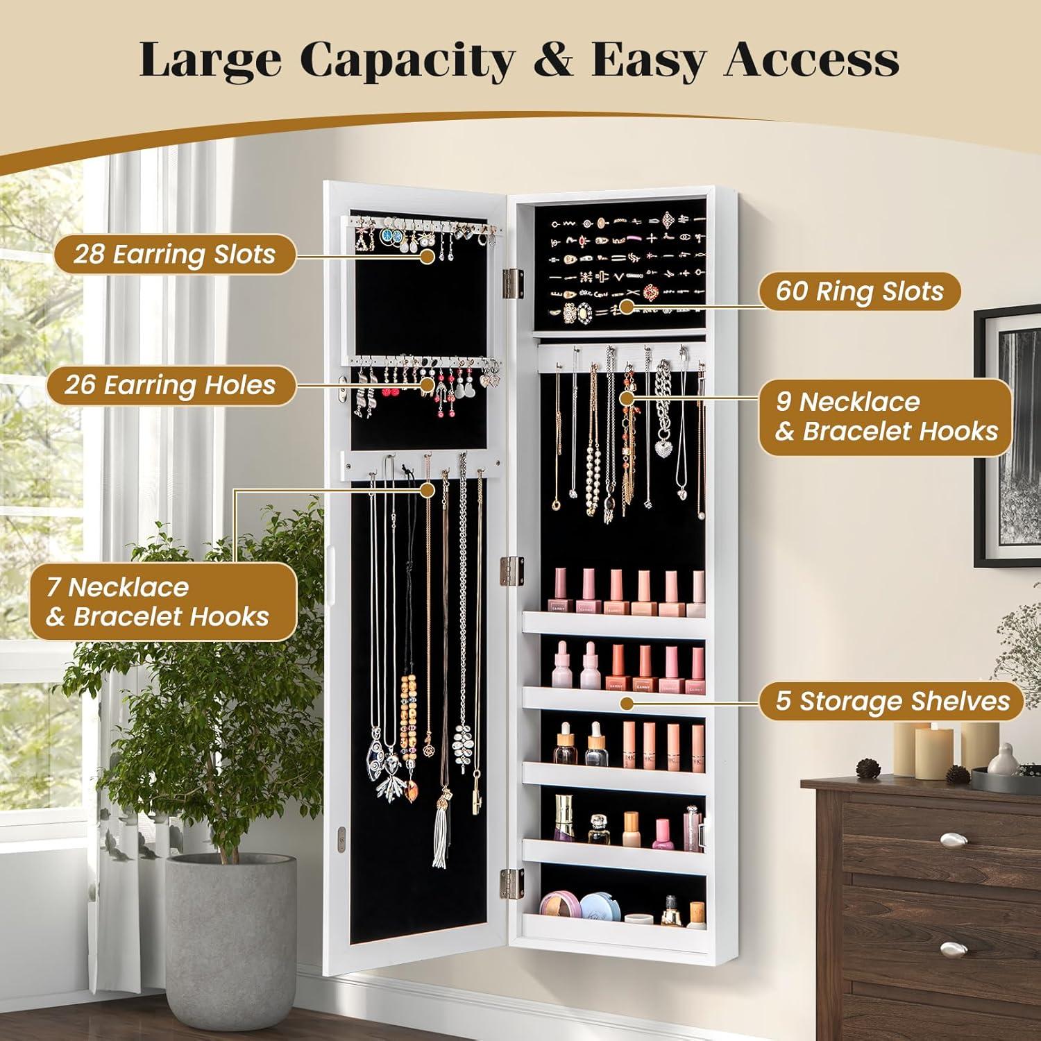 image:imageGiantex Wall or Door Mounted Jewelry Cabinet with Full Length Mirror Over The Door Jewelry Armoire Organizer Hanging Storage Cabinet with Necklace Hooks Earring Slots Ring Slots amp Shelves WhiteWhite