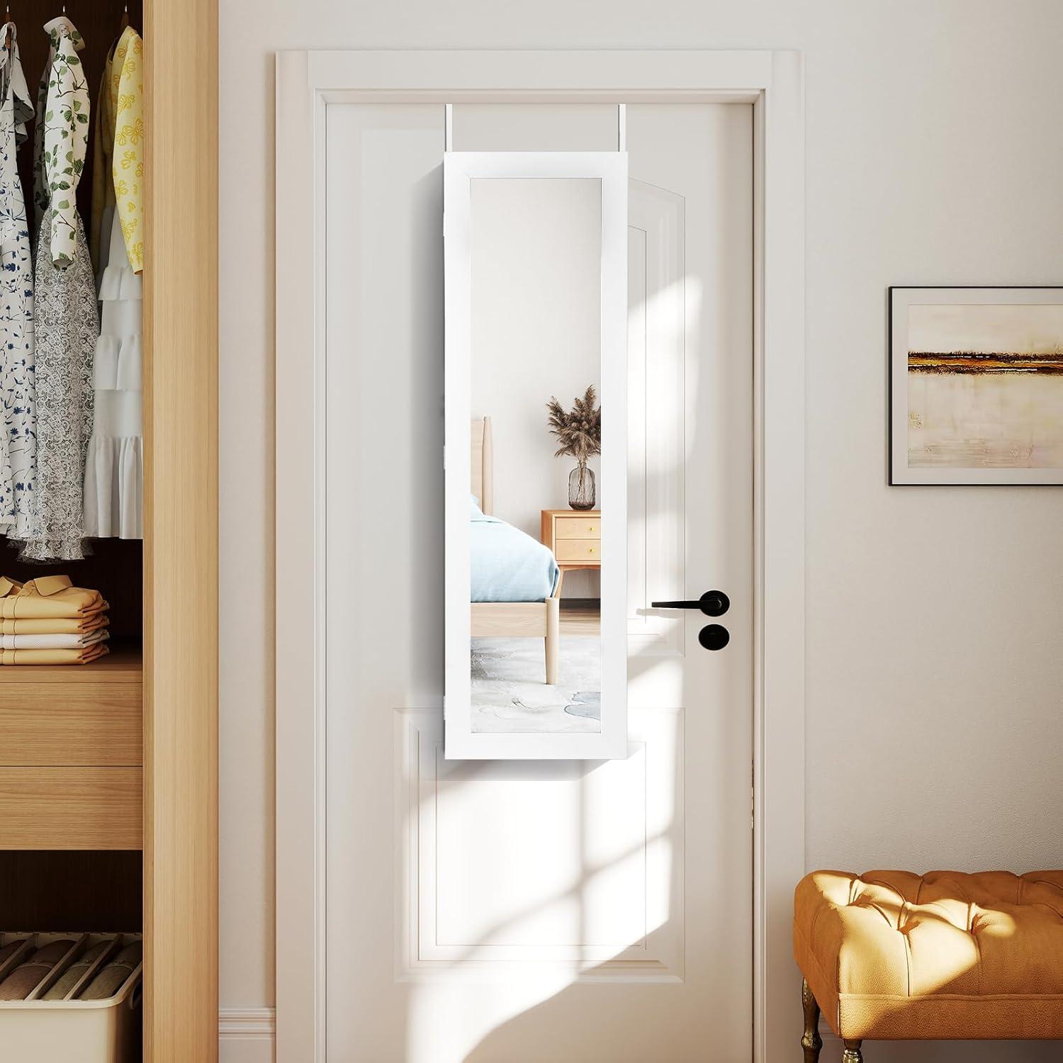 image:imageGiantex Wall or Door Mounted Jewelry Cabinet with Full Length Mirror Over The Door Jewelry Armoire Organizer Hanging Storage Cabinet with Necklace Hooks Earring Slots Ring Slots amp Shelves WhiteWhite