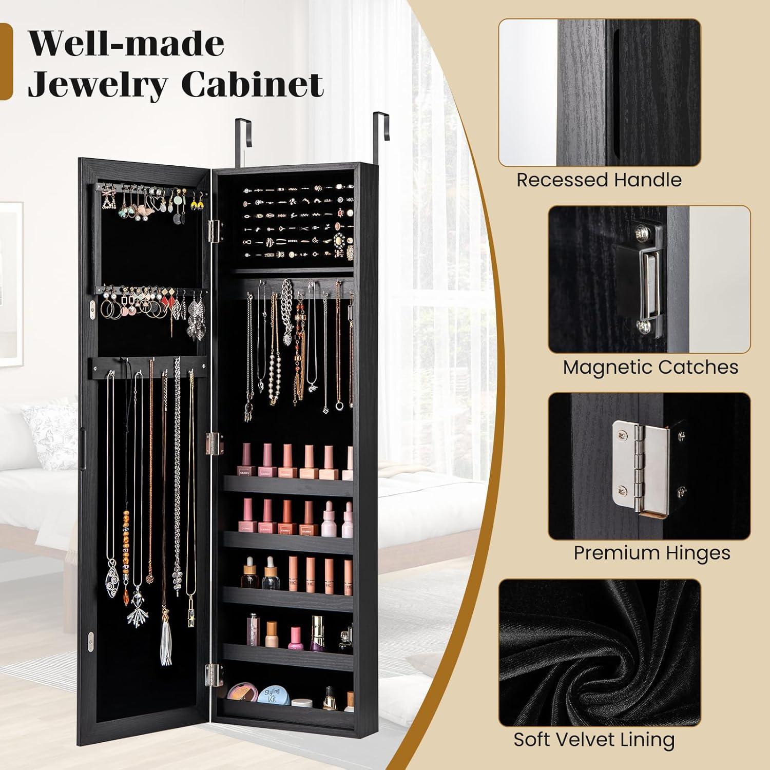 image:imageGiantex Wall or Door Mounted Jewelry Cabinet with Full Length Mirror Over The Door Jewelry Armoire Organizer Hanging Storage Cabinet with Necklace Hooks Earring Slots Ring Slots amp Shelves WhiteBlack