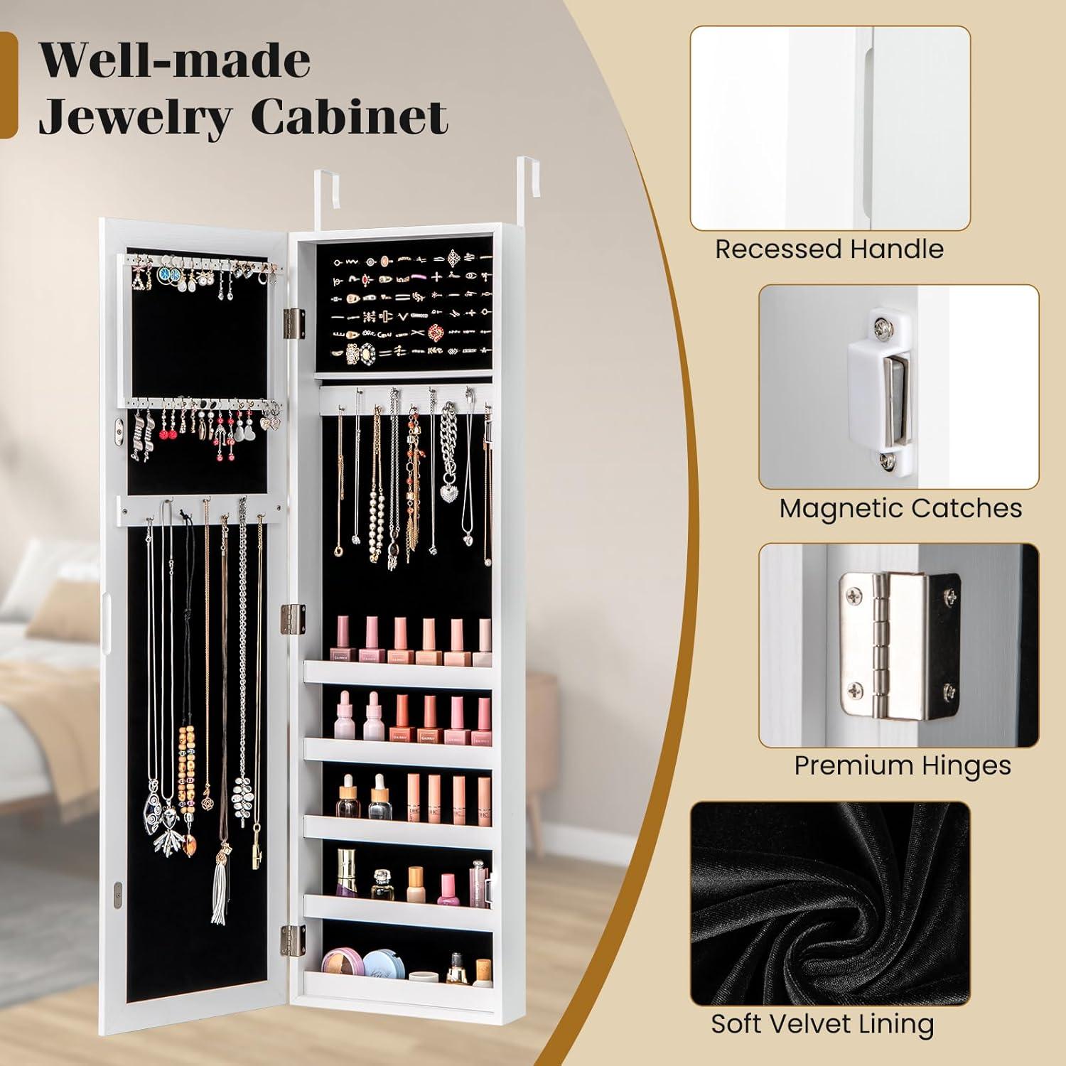 image:imageGiantex Wall or Door Mounted Jewelry Cabinet with Full Length Mirror Over The Door Jewelry Armoire Organizer Hanging Storage Cabinet with Necklace Hooks Earring Slots Ring Slots amp Shelves WhiteWhite