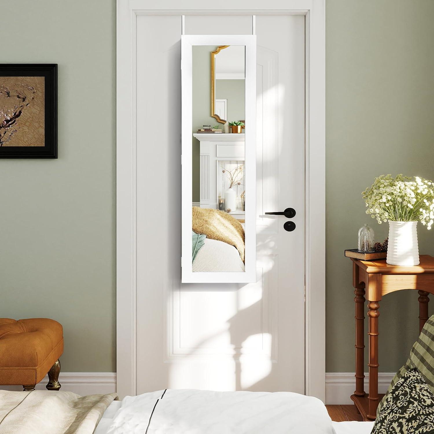 image:imageGiantex Wall or Door Mounted Jewelry Cabinet with Full Length Mirror Over The Door Jewelry Armoire Organizer Hanging Storage Cabinet with Necklace Hooks Earring Slots Ring Slots amp Shelves WhiteWhite