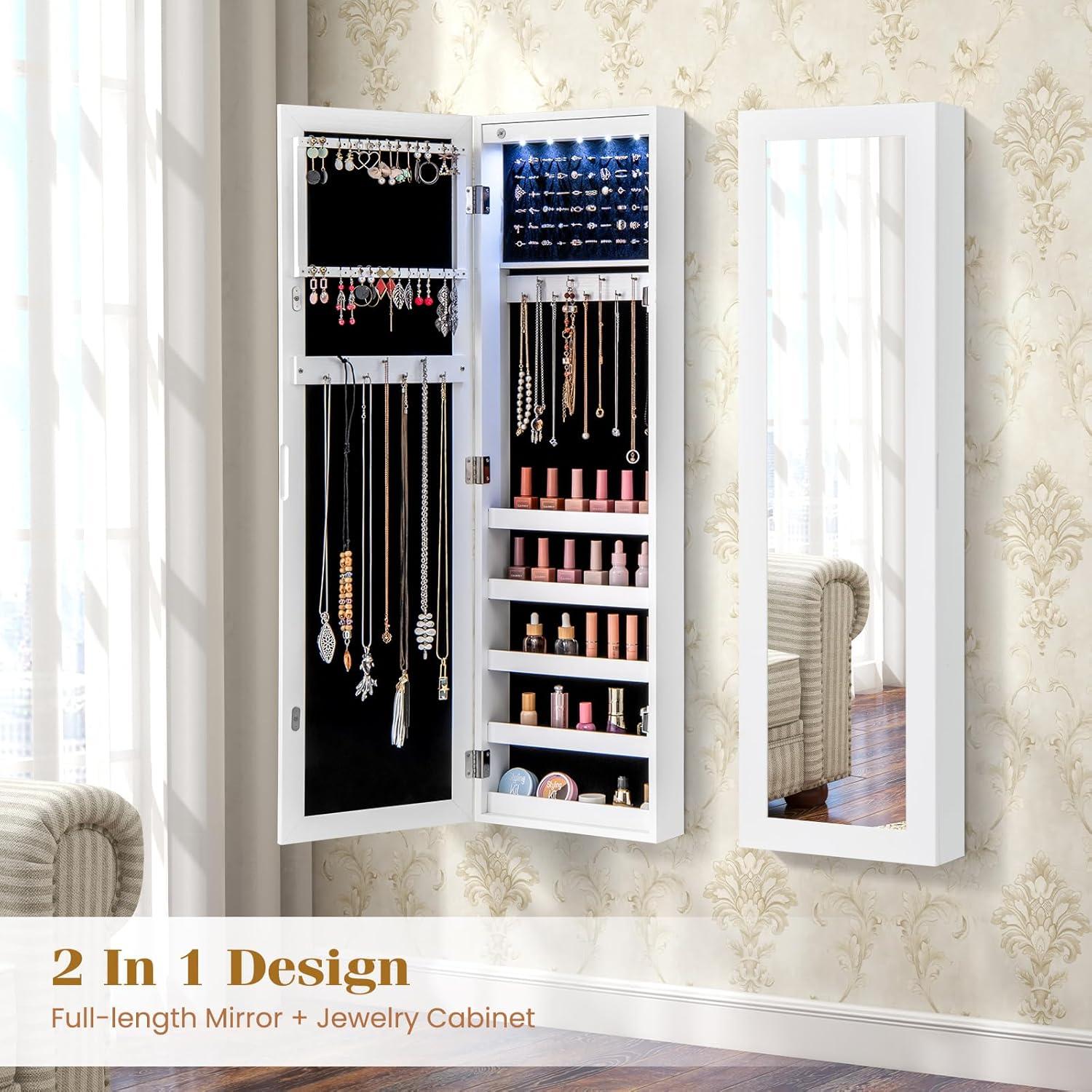 image:imageGiantex Wall or Door Mounted Jewelry Cabinet with Full Length Mirror Over The Door Jewelry Armoire Organizer Hanging Storage Cabinet with Necklace Hooks Earring Slots Ring Slots amp Shelves WhiteWhite