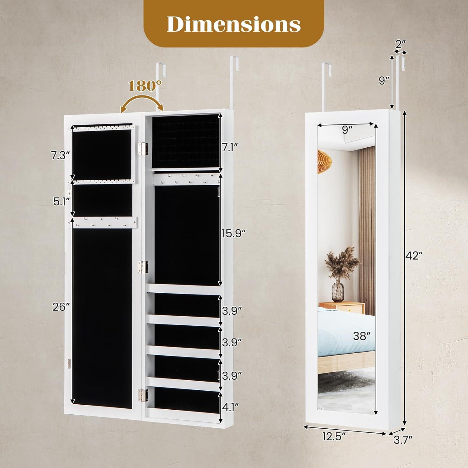 image:imageGiantex Wall or Door Mounted Jewelry Cabinet with Full Length Mirror Over The Door Jewelry Armoire Organizer Hanging Storage Cabinet with Necklace Hooks Earring Slots Ring Slots amp Shelves WhiteWhite
