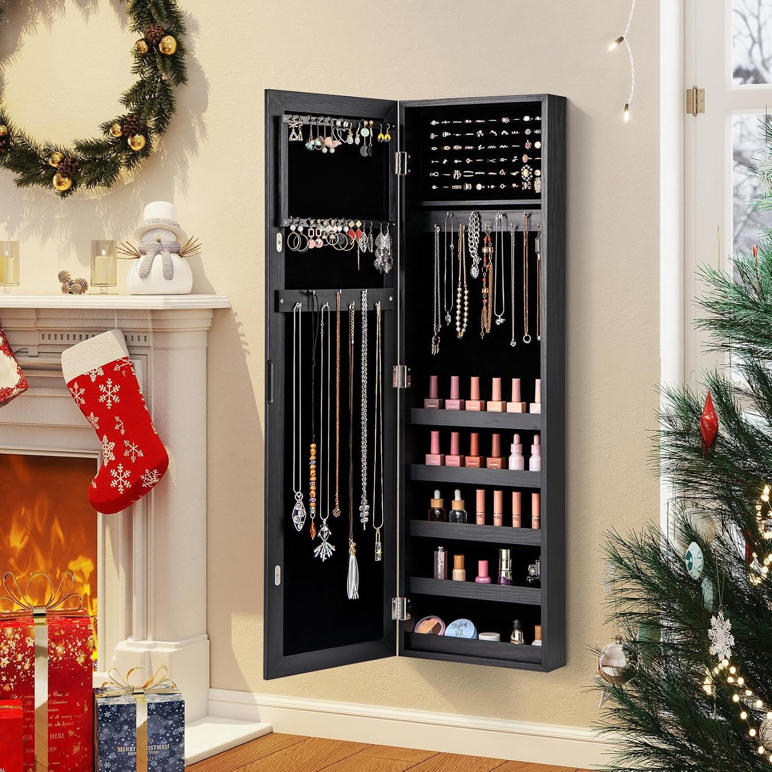 image:imageGiantex Wall or Door Mounted Jewelry Cabinet with Full Length Mirror Over The Door Jewelry Armoire Organizer Hanging Storage Cabinet with Necklace Hooks Earring Slots Ring Slots amp Shelves WhiteBlack