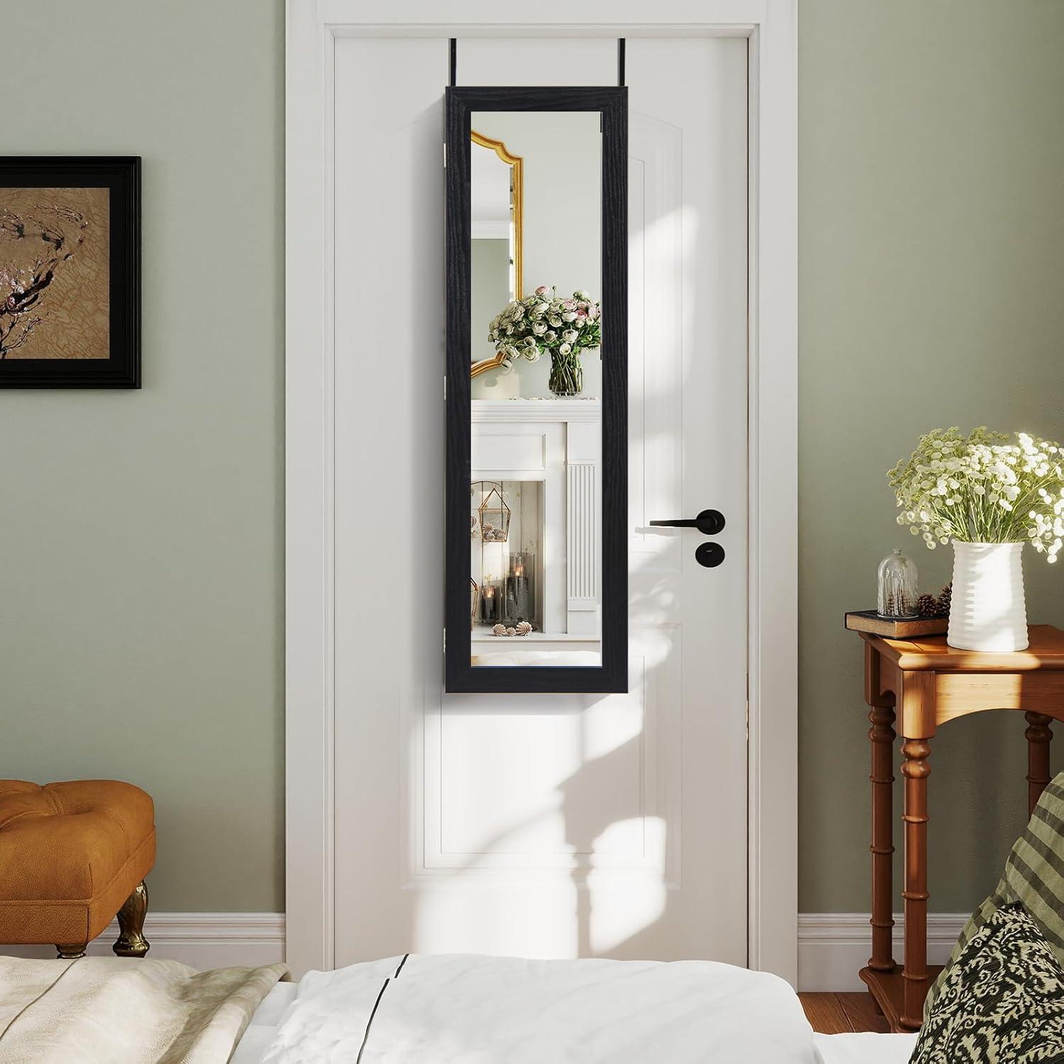 image:imageGiantex Wall or Door Mounted Jewelry Cabinet with Full Length Mirror Over The Door Jewelry Armoire Organizer Hanging Storage Cabinet with Necklace Hooks Earring Slots Ring Slots amp Shelves WhiteBlack
