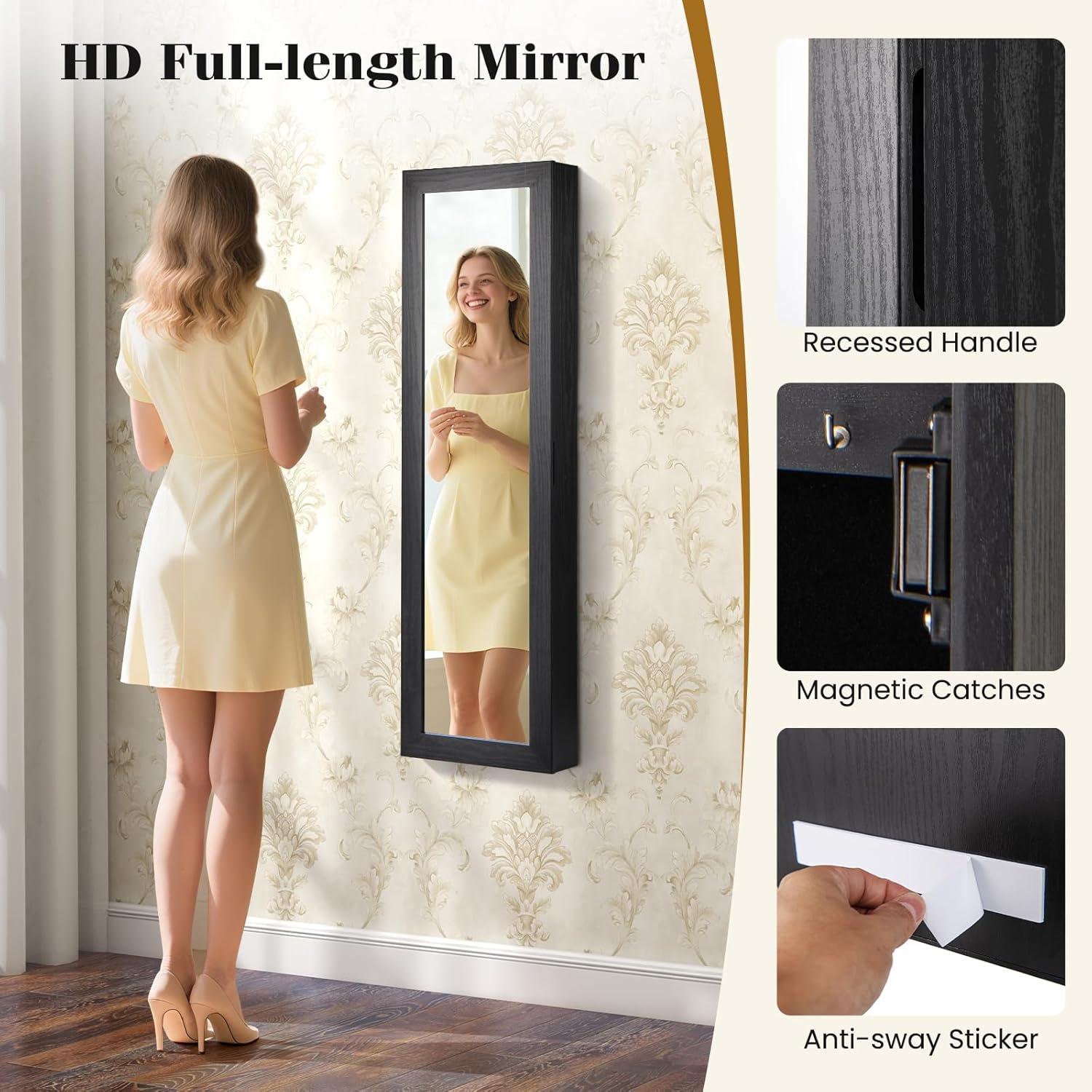image:imageGiantex Wall or Door Mounted Jewelry Cabinet with Full Length Mirror Over The Door Jewelry Armoire Organizer Hanging Storage Cabinet with Necklace Hooks Earring Slots Ring Slots amp Shelves WhiteBlack