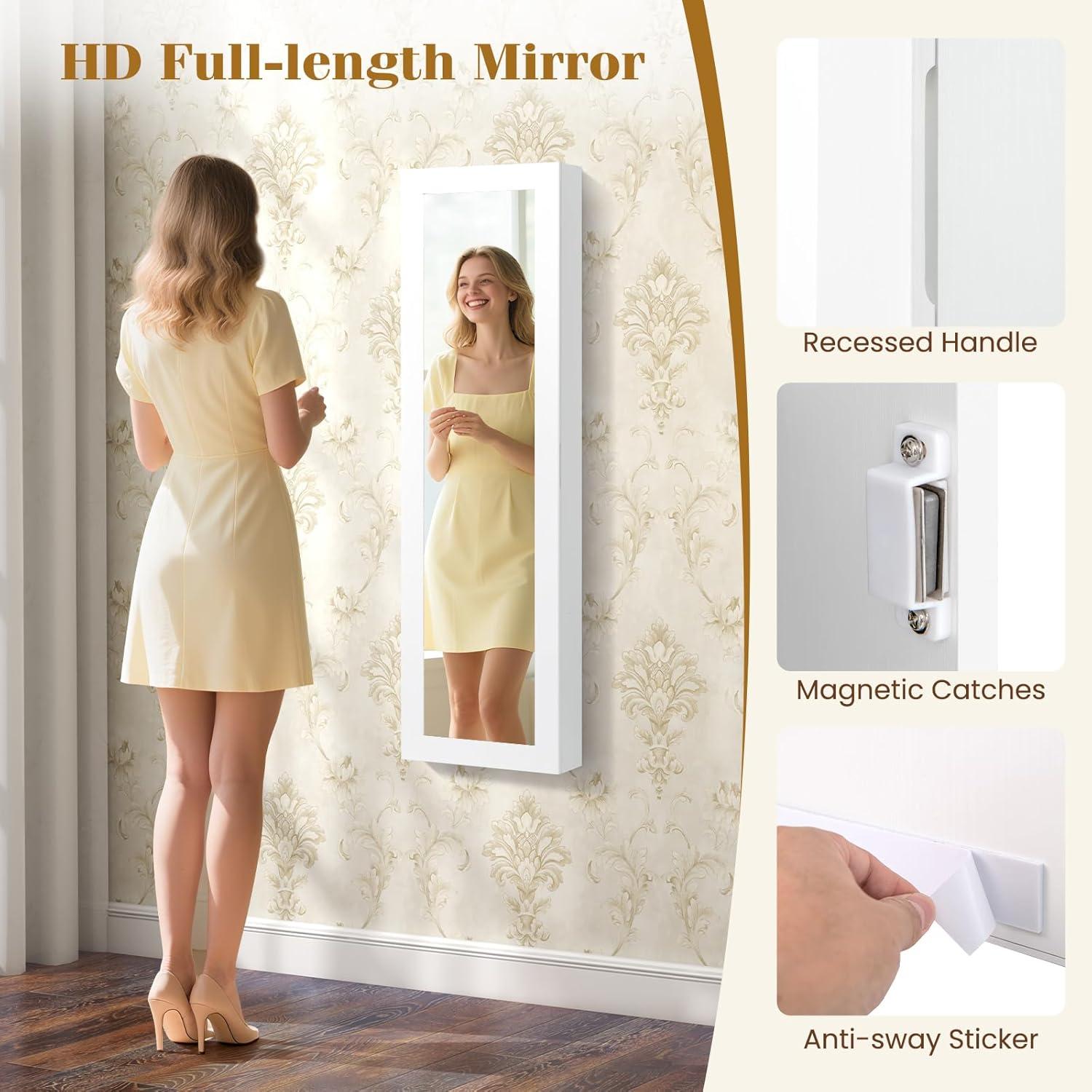 image:imageGiantex Wall or Door Mounted Jewelry Cabinet with Full Length Mirror Over The Door Jewelry Armoire Organizer Hanging Storage Cabinet with Necklace Hooks Earring Slots Ring Slots amp Shelves WhiteWhite