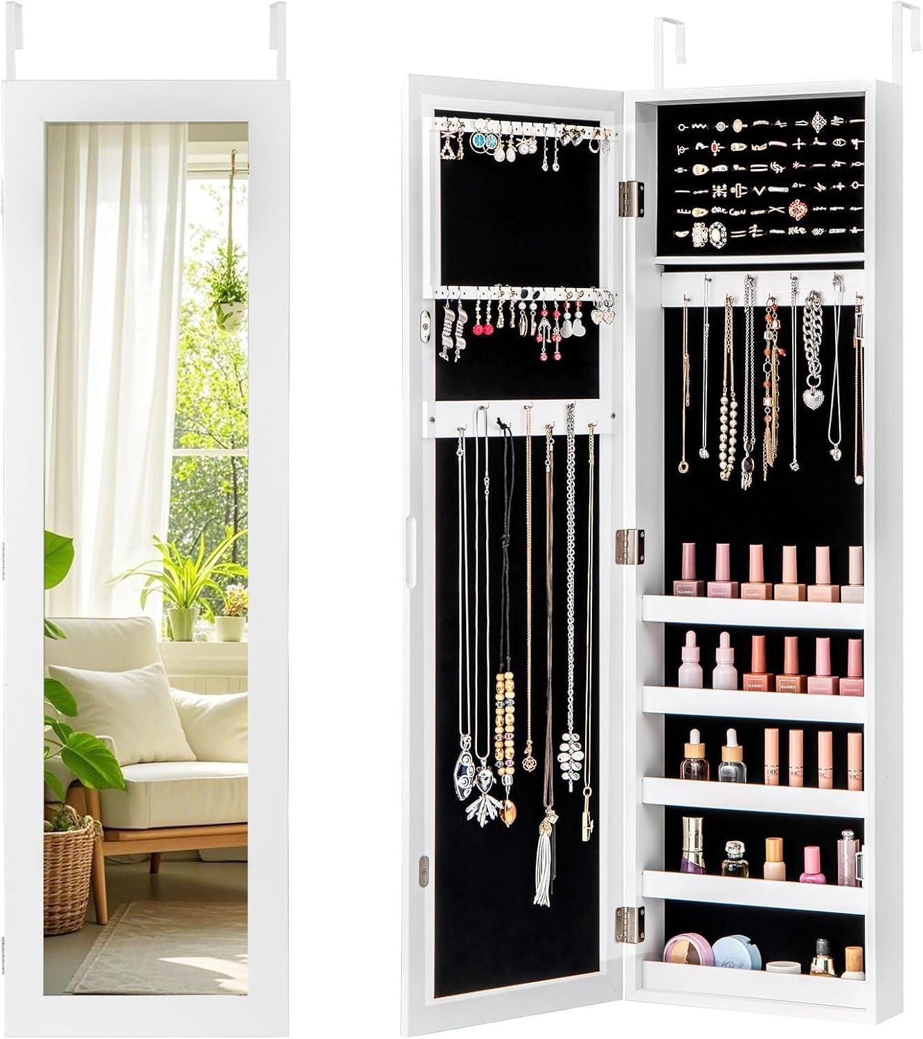 image:imageGiantex Wall or Door Mounted Jewelry Cabinet with Full Length Mirror Over The Door Jewelry Armoire Organizer Hanging Storage Cabinet with Necklace Hooks Earring Slots Ring Slots amp Shelves WhiteWhite
