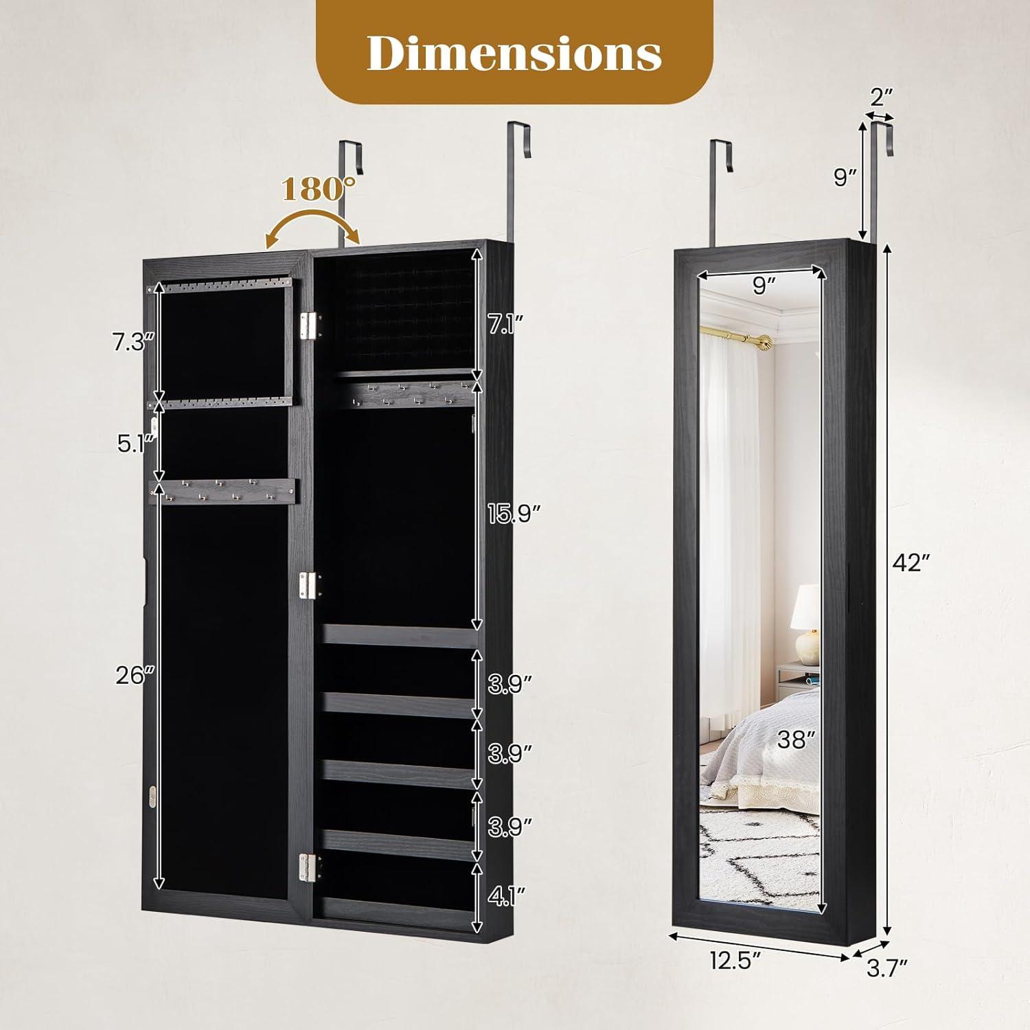 image:imageGiantex Wall or Door Mounted Jewelry Cabinet with Full Length Mirror Over The Door Jewelry Armoire Organizer Hanging Storage Cabinet with Necklace Hooks Earring Slots Ring Slots amp Shelves WhiteBlack