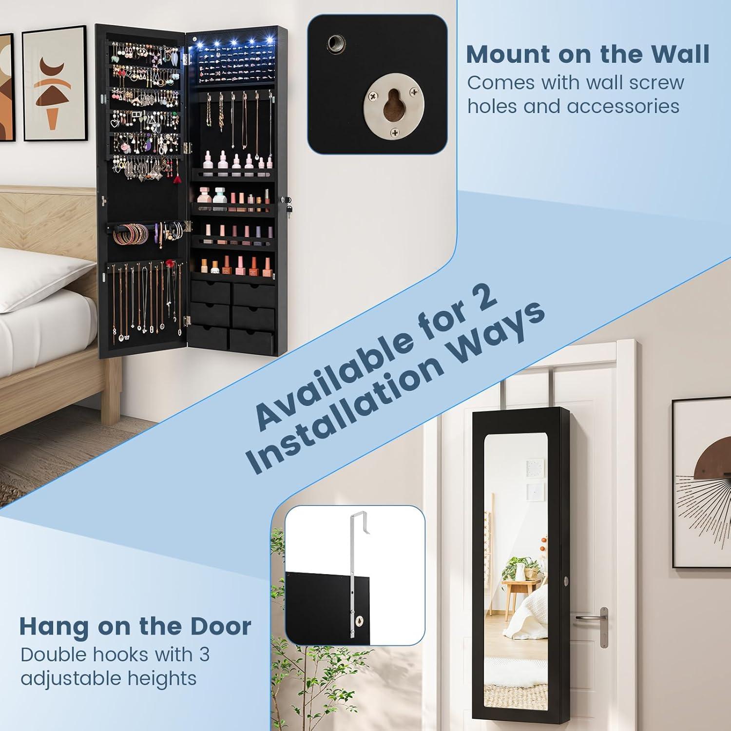 image:imageGiantex Wall or Door Mounted Jewelry Cabinet with Full Length Mirror Over The Door Jewelry Armoire Organizer Hanging Storage Cabinet with Necklace Hooks Earring Slots Ring Slots amp Shelves WhiteBlack