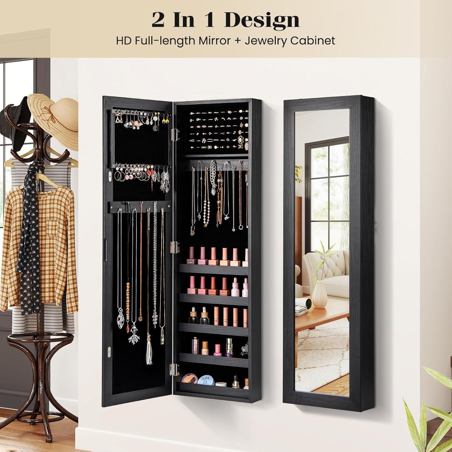 image:imageGiantex Wall or Door Mounted Jewelry Cabinet with Full Length Mirror Over The Door Jewelry Armoire Organizer Hanging Storage Cabinet with Necklace Hooks Earring Slots Ring Slots amp Shelves WhiteBlack