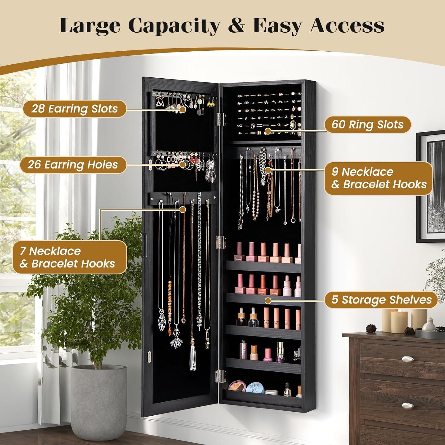 image:imageGiantex Wall or Door Mounted Jewelry Cabinet with Full Length Mirror Over The Door Jewelry Armoire Organizer Hanging Storage Cabinet with Necklace Hooks Earring Slots Ring Slots amp Shelves WhiteBlack