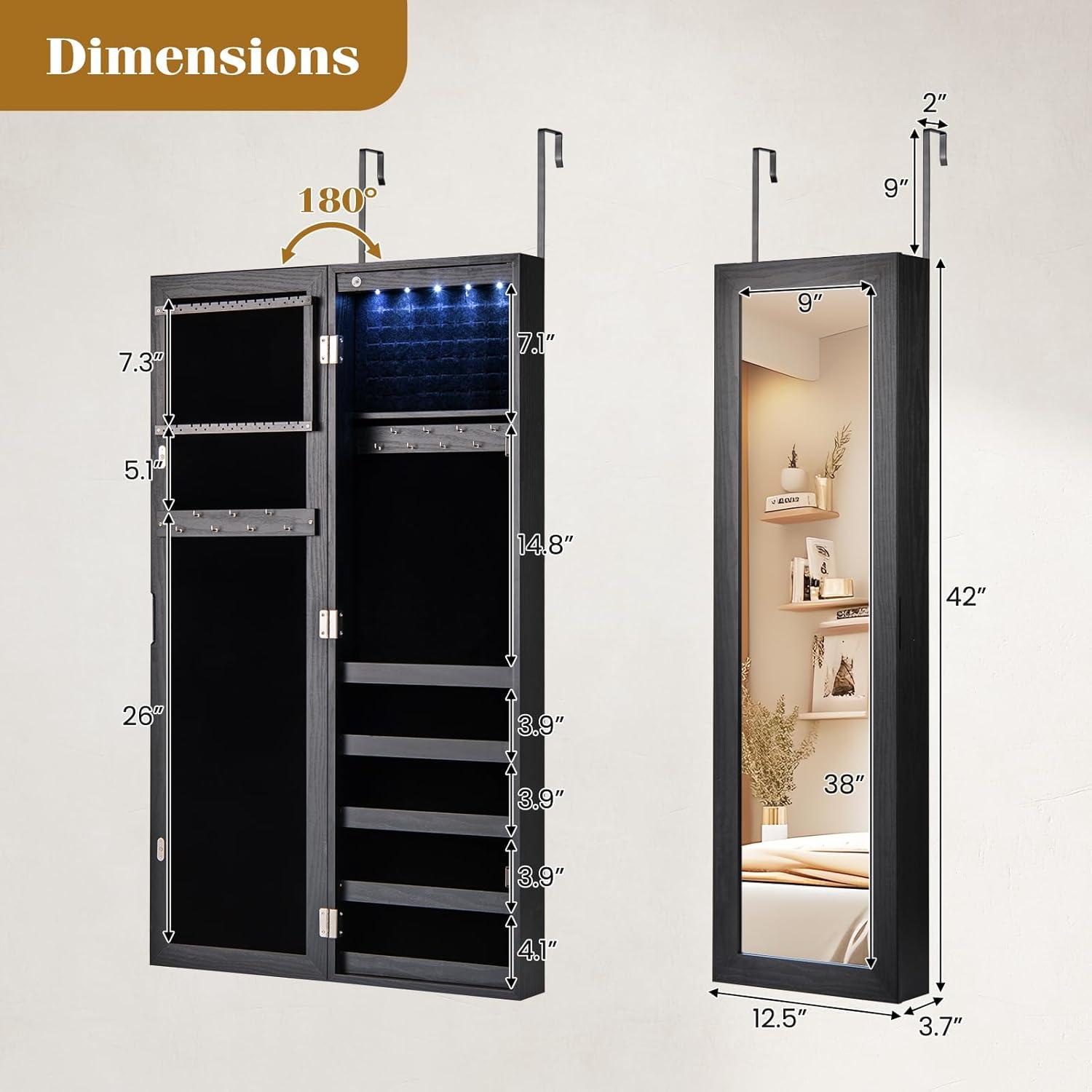 image:imageGiantex Wall or Door Mounted Jewelry Cabinet with Full Length Mirror Over The Door Jewelry Armoire Organizer Hanging Storage Cabinet with Necklace Hooks Earring Slots Ring Slots amp Shelves WhiteBlack