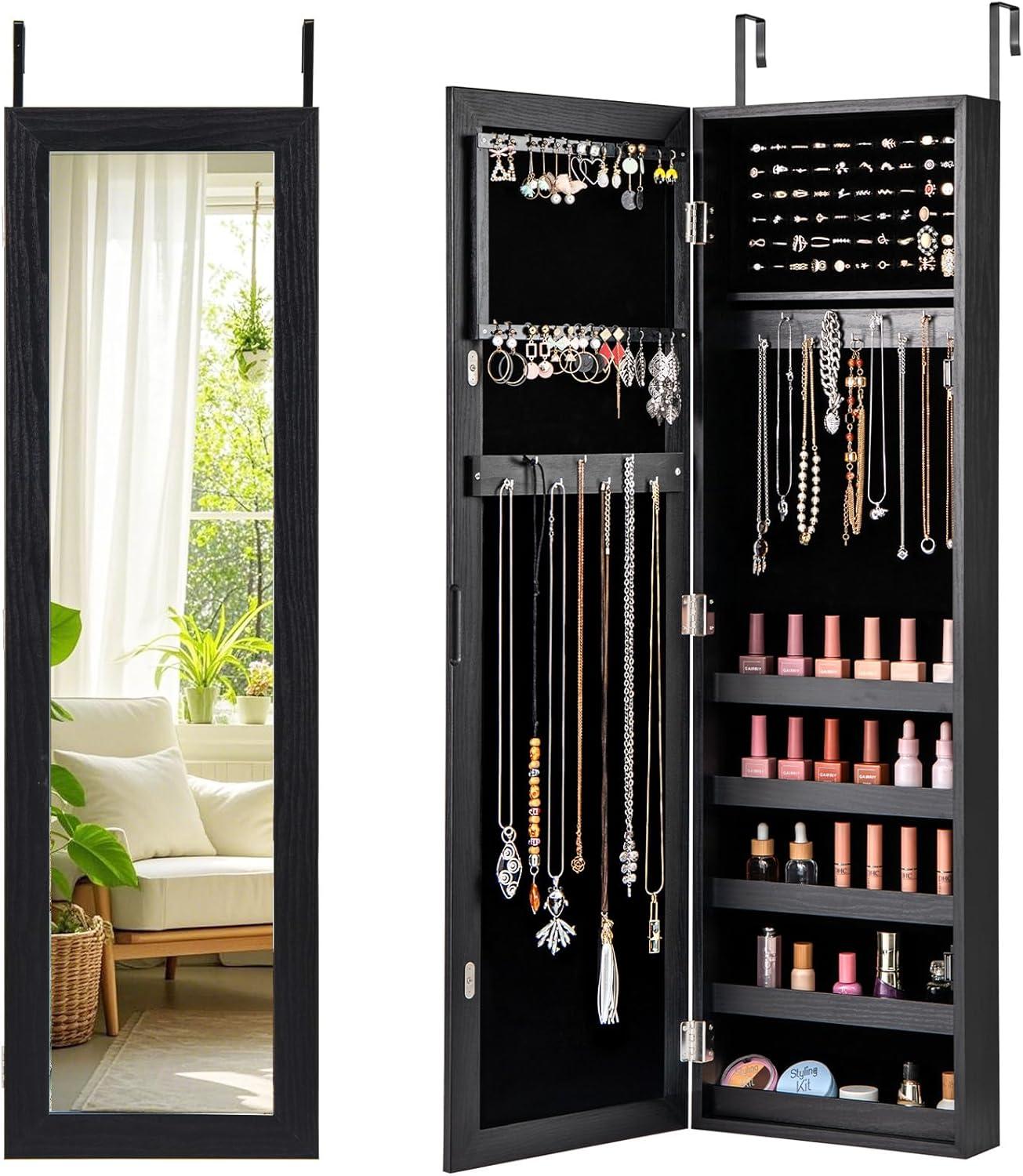 image:imageGiantex Wall or Door Mounted Jewelry Cabinet with Full Length Mirror Over The Door Jewelry Armoire Organizer Hanging Storage Cabinet with Necklace Hooks Earring Slots Ring Slots amp Shelves WhiteBlack