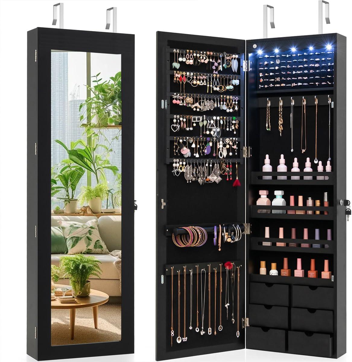 image:imageGiantex Wall or Door Mounted Jewelry Cabinet with Full Length Mirror Over The Door Jewelry Armoire Organizer Hanging Storage Cabinet with Necklace Hooks Earring Slots Ring Slots amp Shelves WhiteBlack