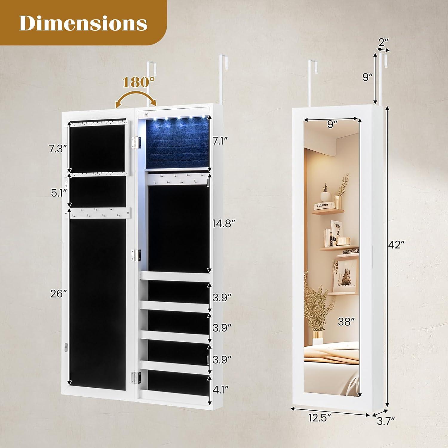 image:imageGiantex Wall or Door Mounted Jewelry Cabinet with Full Length Mirror Over The Door Jewelry Armoire Organizer Hanging Storage Cabinet with Necklace Hooks Earring Slots Ring Slots amp Shelves WhiteWhite