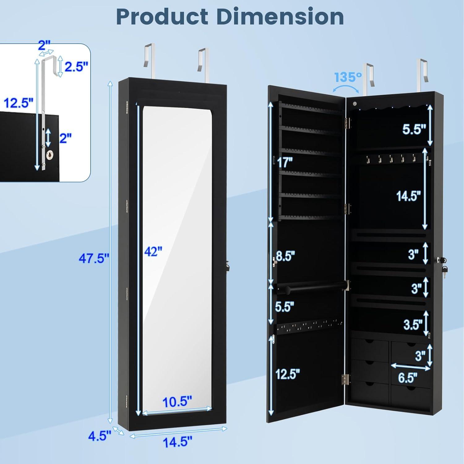 image:imageGiantex Wall or Door Mounted Jewelry Cabinet with Full Length Mirror Over The Door Jewelry Armoire Organizer Hanging Storage Cabinet with Necklace Hooks Earring Slots Ring Slots amp Shelves WhiteBlack
