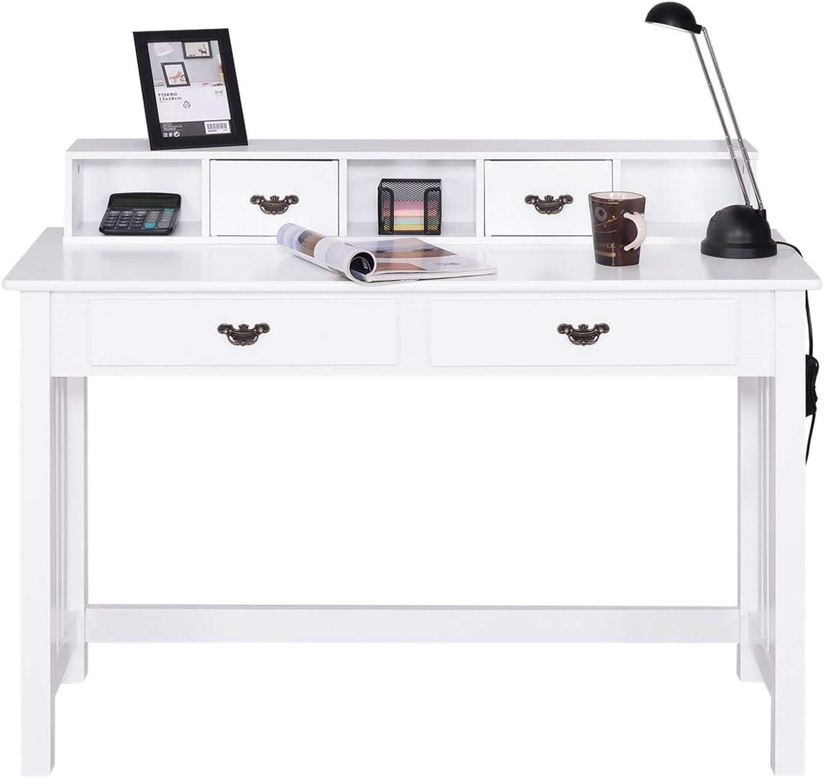 image:imageGiantex Writing Desk with 4 Drawer Computer Study Table Removable Floating Organizer 2Tier Spacious Workstation Home Office Desk Console Table White Vanity Desk