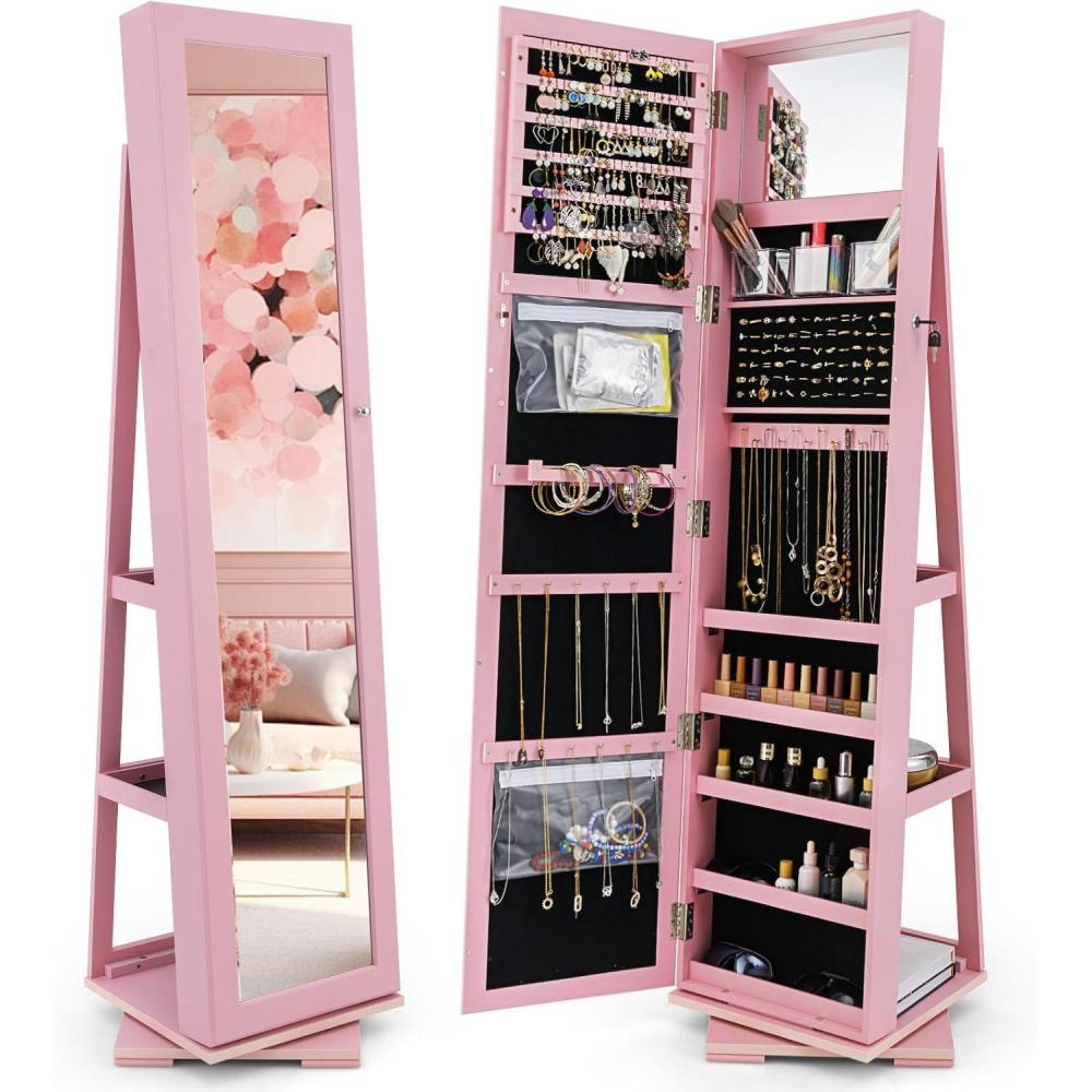 image:imageCHARMAID 360 Swivel Jewelry Armoire with Higher Full Length Mirror Standing Lockable Jewelry Cabinet Organizer with Large Storage Capacity Inside Makeup Mirror Back Storage Shelves WalnutPink