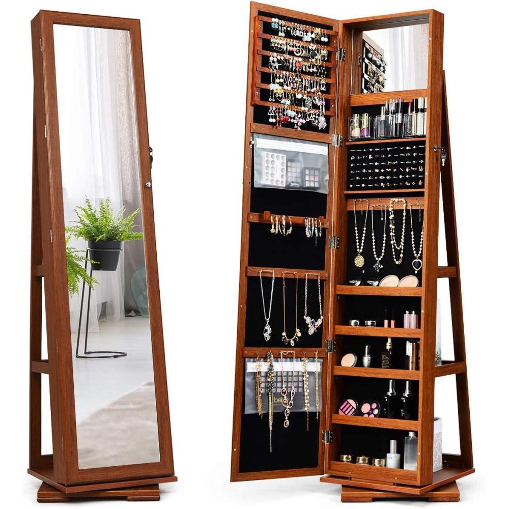 image:imageCHARMAID 360 Swivel Jewelry Armoire with Higher Full Length Mirror Standing Lockable Jewelry Cabinet Organizer with Large Storage Capacity Inside Makeup Mirror Back Storage Shelves WalnutWalnut