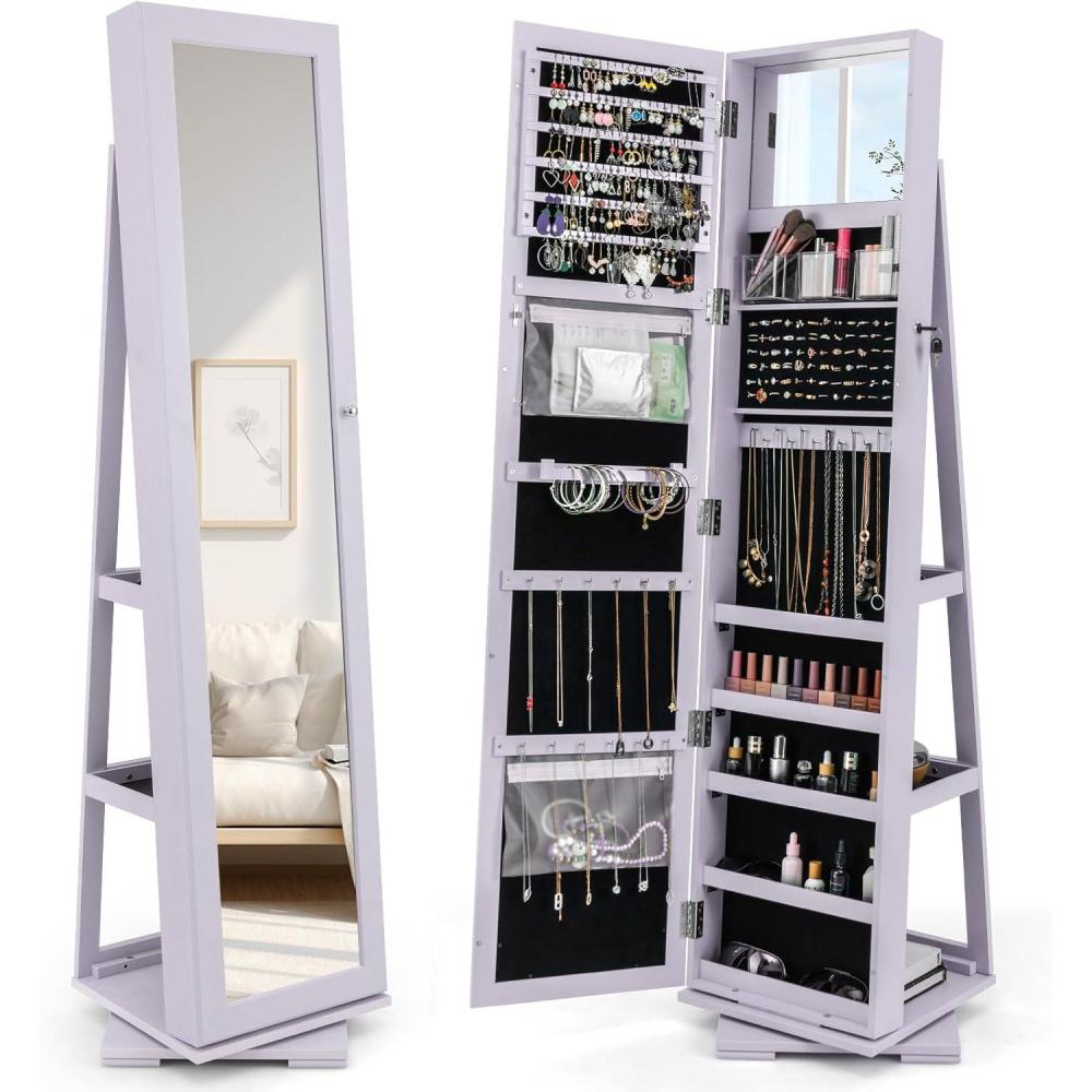 image:imageCHARMAID 360 Swivel Jewelry Armoire with Higher Full Length Mirror Standing Lockable Jewelry Cabinet Organizer with Large Storage Capacity Inside Makeup Mirror Back Storage Shelves WalnutLavender