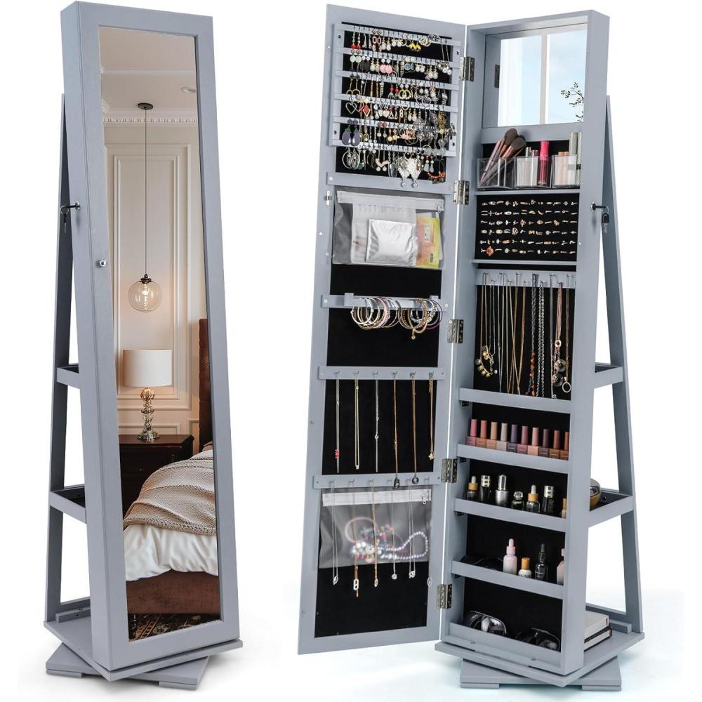 image:imageCHARMAID 360 Swivel Jewelry Armoire with Higher Full Length Mirror Standing Lockable Jewelry Cabinet Organizer with Large Storage Capacity Inside Makeup Mirror Back Storage Shelves WalnutGray