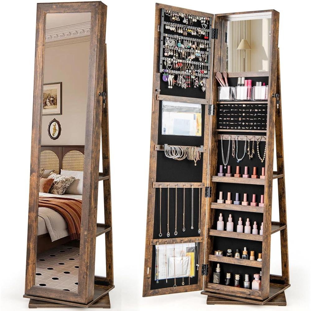 image:imageCHARMAID 360 Swivel Jewelry Armoire with Higher Full Length Mirror Standing Lockable Jewelry Cabinet Organizer with Large Storage Capacity Inside Makeup Mirror Back Storage Shelves WalnutVintage Brown
