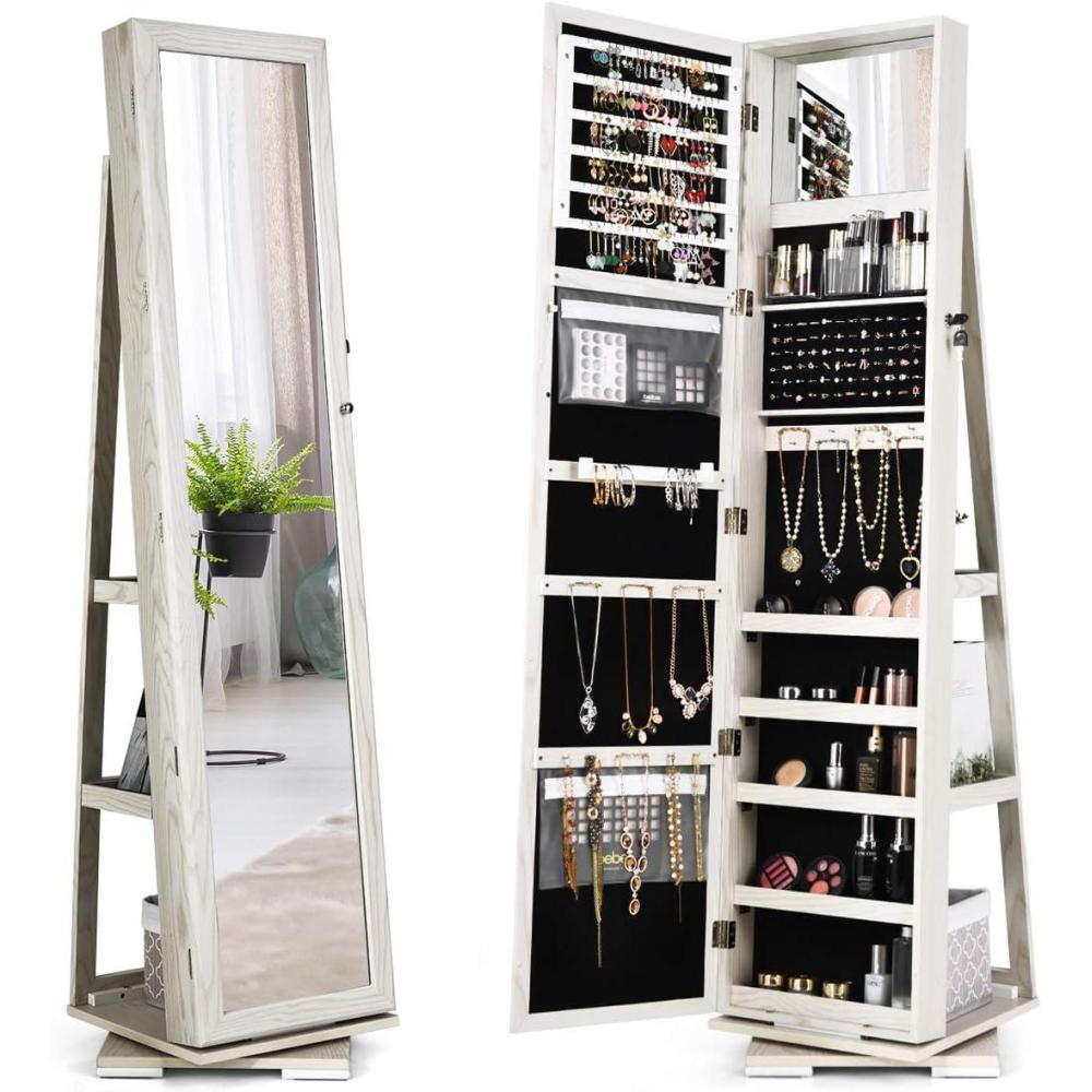 image:imageCHARMAID 360 Swivel Jewelry Armoire with Higher Full Length Mirror Standing Lockable Jewelry Cabinet Organizer with Large Storage Capacity Inside Makeup Mirror Back Storage Shelves WalnutGrayish White