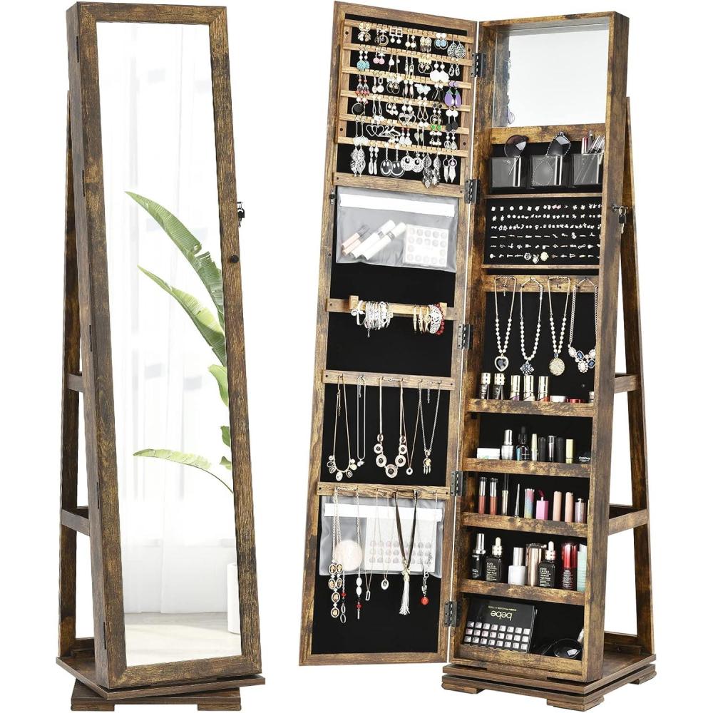 image:imageCHARMAID 360 Swivel Jewelry Armoire with Higher Full Length Mirror Standing Lockable Jewelry Cabinet Organizer with Large Storage Capacity Inside Makeup Mirror Back Storage Shelves WalnutRustic Brown