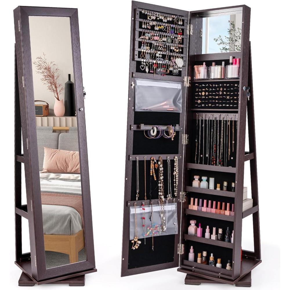 image:imageCHARMAID 360 Swivel Jewelry Armoire with Higher Full Length Mirror Standing Lockable Jewelry Cabinet Organizer with Large Storage Capacity Inside Makeup Mirror Back Storage Shelves WalnutEspresso