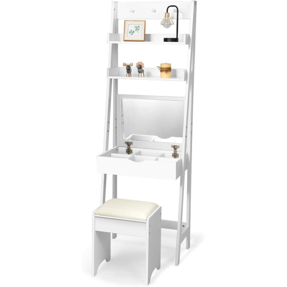 image:imageCHARMAID 3in1 Vanity Set with Flip Top Mirror 6 Makeup Organizers 2 Storage Shelves 3 Hat Hooks Vanity Table Desk Bookshelf with Cushioned Stool Ladder Makeup Vanity for Small Spaces White