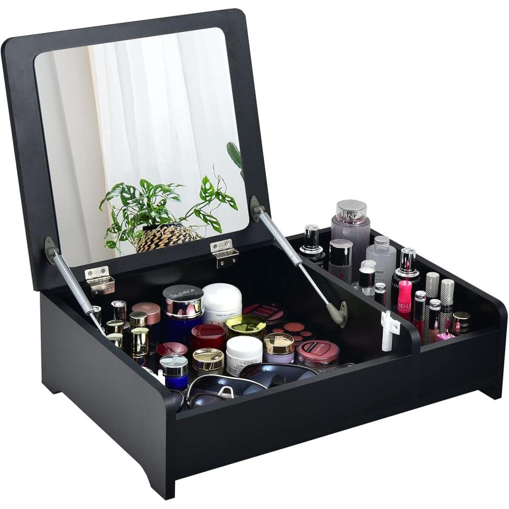 image:imageCHARMAID Countertop Vanity with Flip Top Mirror 24inch Tabletop Laptop Desk with 2 Compartments Organizer Modern Bedroom Makeup Dressing Vanity Mirror Cosmetic Storage Box Desktop BlackBlack