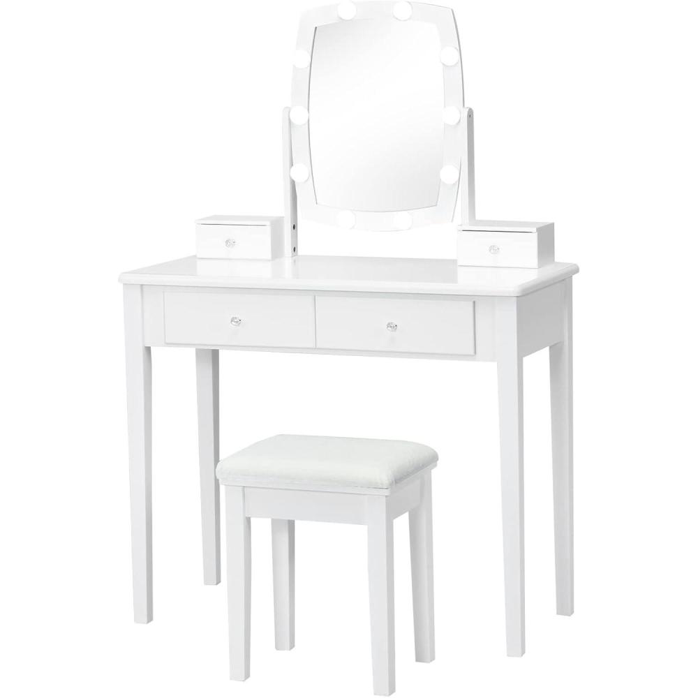 image:imageCHARMAID Girls Makeup Vanity Desk with Mirror and Lights Vanity Table with 10 LED Bulbs 3 Lighting Modes Modern Bedroom Dressing Table with 4 Storage Drawers amp Vanity Stool WhiteWhite