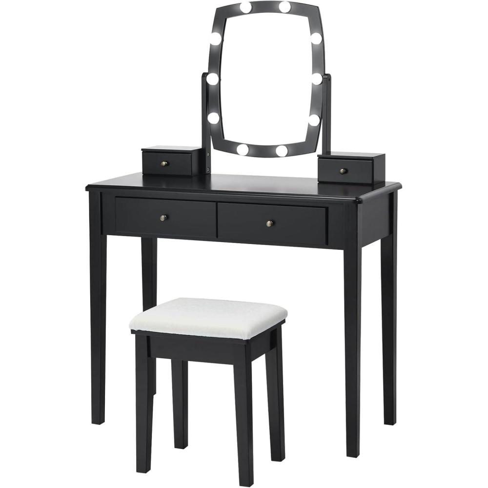 image:imageCHARMAID Girls Makeup Vanity Desk with Mirror and Lights Vanity Table with 10 LED Bulbs 3 Lighting Modes Modern Bedroom Dressing Table with 4 Storage Drawers amp Vanity Stool WhiteBlack