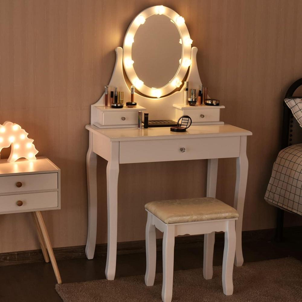 image:imageCHARMAID Girls Vanity Set with Lighted Mirror and Stool Princess Makeup Table with 10 Rose Lights and 3 Drawers White Dressing Desk with Rotatable Mirror and Cushioned Stool for Girls Kids