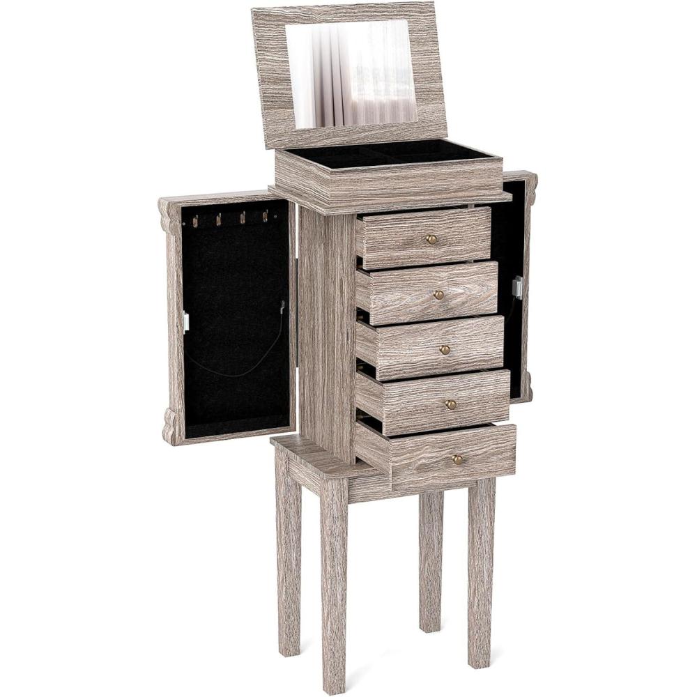 image:imageCHARMAID Gray Cabinet 5 Drawers Jewelry Armoire with Mirror Swing Doors Necklace Hooks Standing Organizer Large